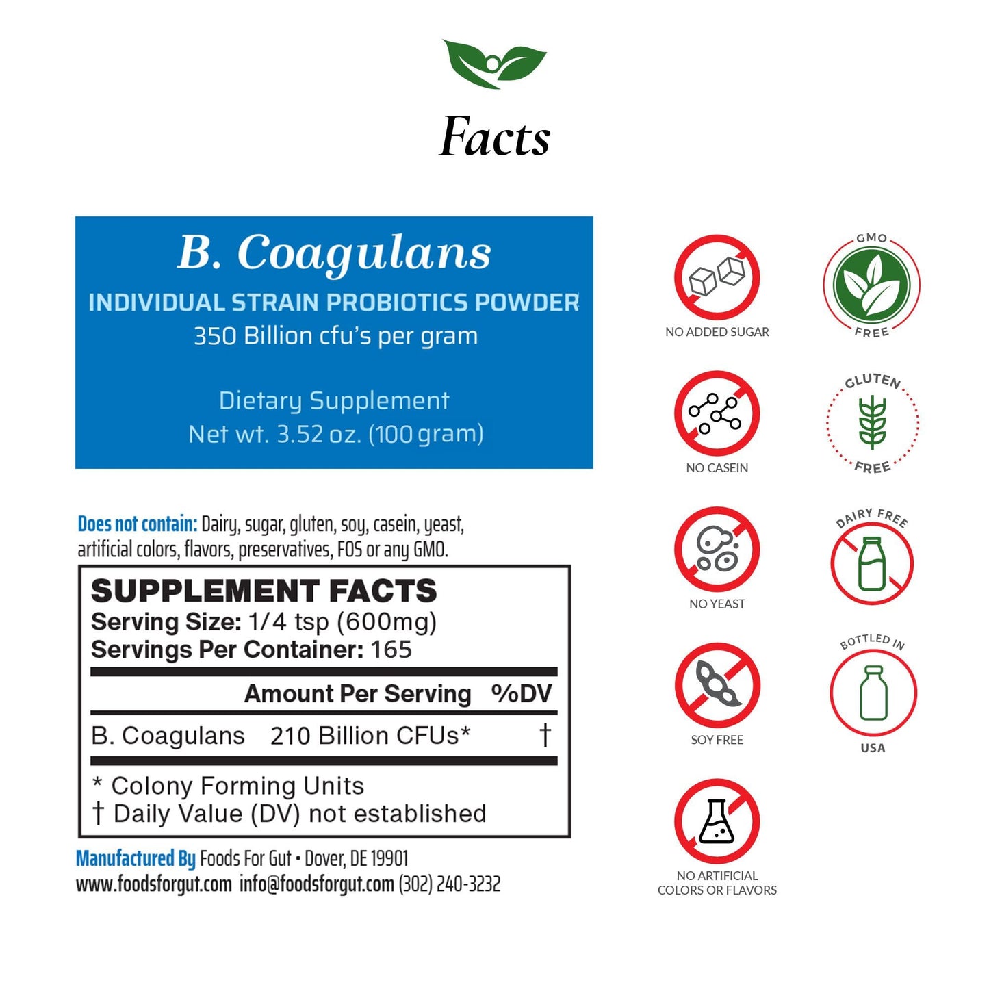 Foods For Gut Bacillus Coagulans Probiotic Powder 3.52 Oz