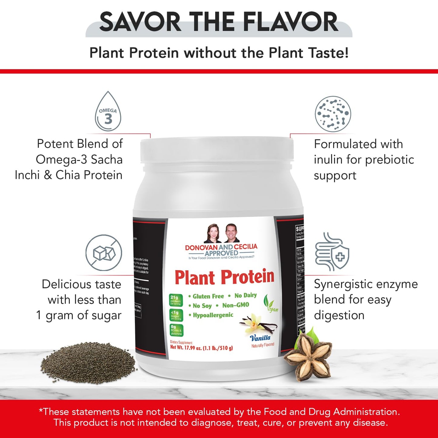 Donovan and Cecilia Approved Vegan Plant Protein Vanilla Powder 1.12 Pound