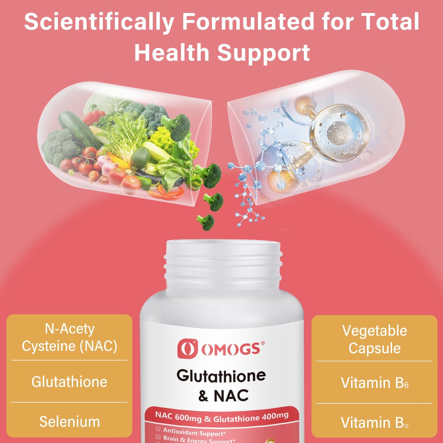 OMOGS Glutathione & NAC Supplement, 90 Veg Capsules