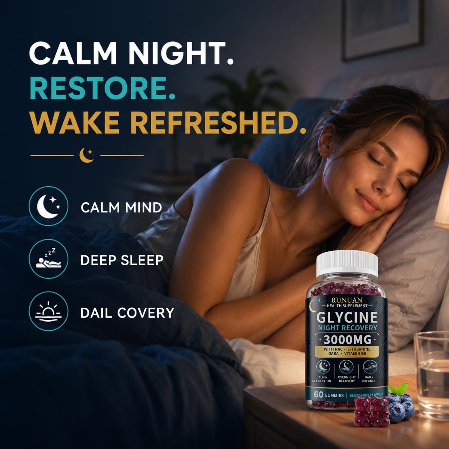 RUNUAN Glycine Sleep Support Gummies 3000mg with NAC, L-Theanine, GABA & B6, 60 Count