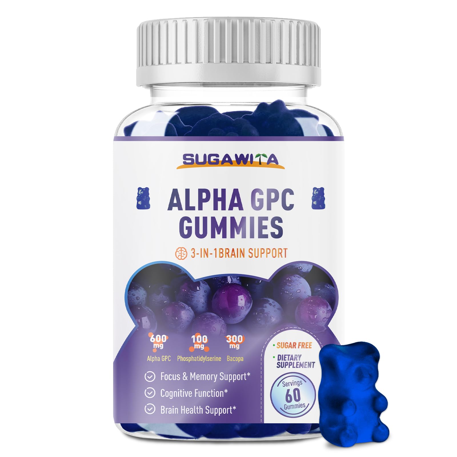 SUGAWITA Alpha GPC Choline Gummies 600mg with Phosphatidylserine & Bacopa – 3-in-1 Brain Support for Memory, Focus & Long-Term Cognitive Health, 60 Count