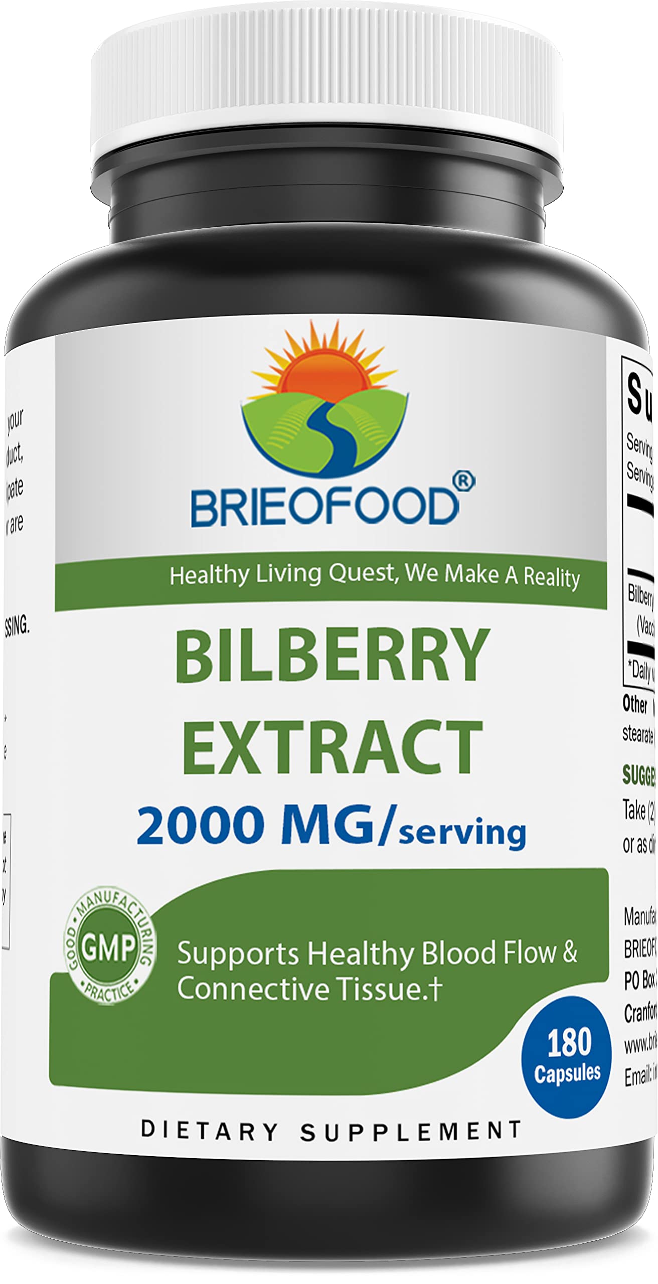 Brieofood Bilberry Extract 2000 mg per Serving Capsules, 180 Count