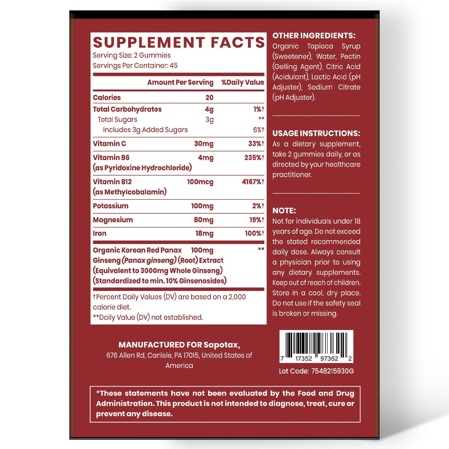 Sapotax Korean Red Panax Ginseng Supplement Gummies, 180 Count