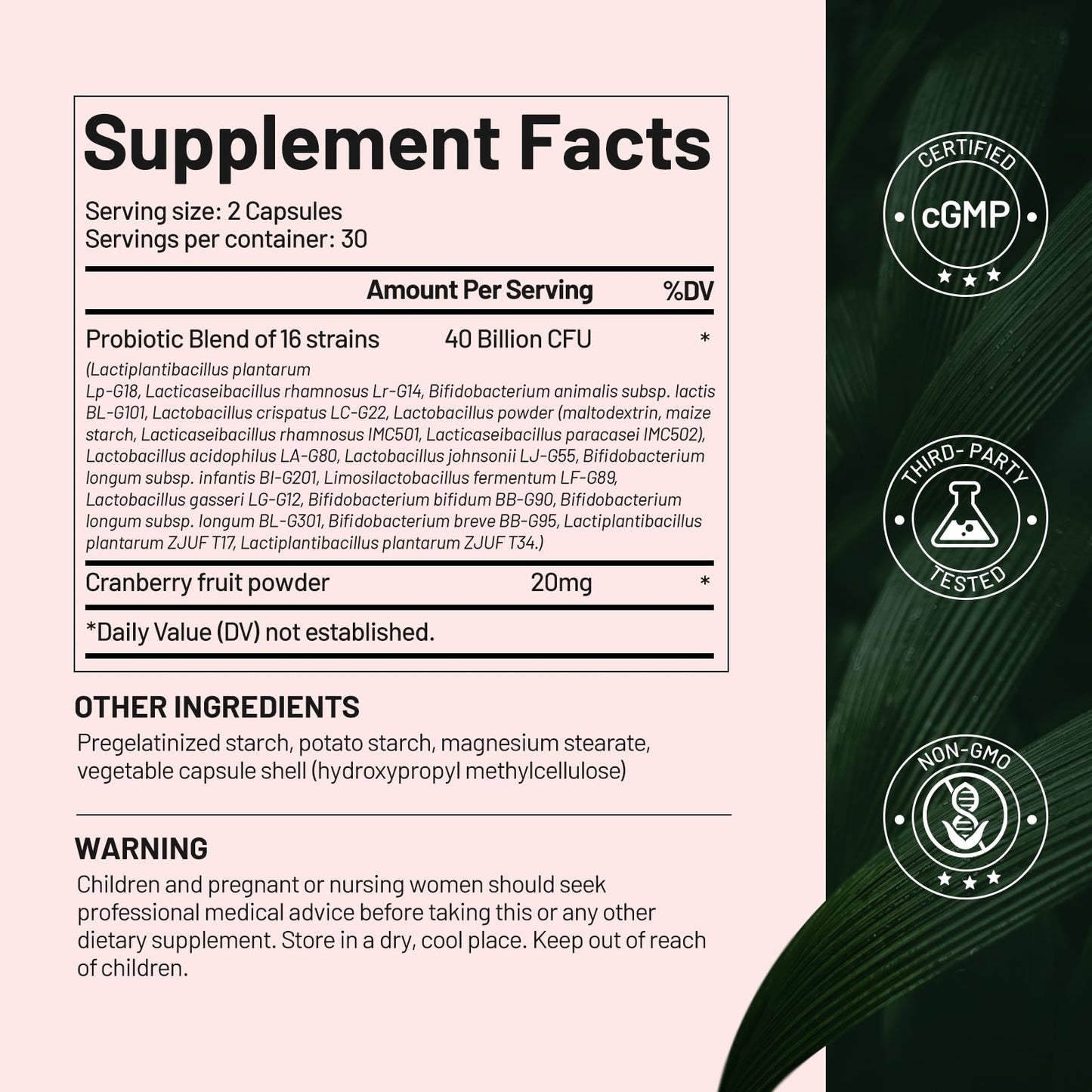 NaturElan Women's Probiotics 40 Billion CFU – 16 Strains with Cranberry, Vaginal, Digestive & Immune Support, pH Balance & Gut Health – Capsule, 60 Count
