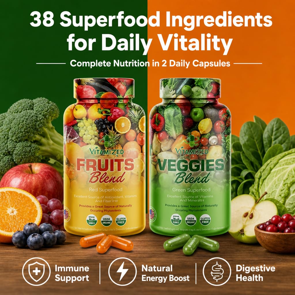VITAMIZED 38 Fruits and Vegetables Supplement For Overall Health & Energy Capsules, 180 Count