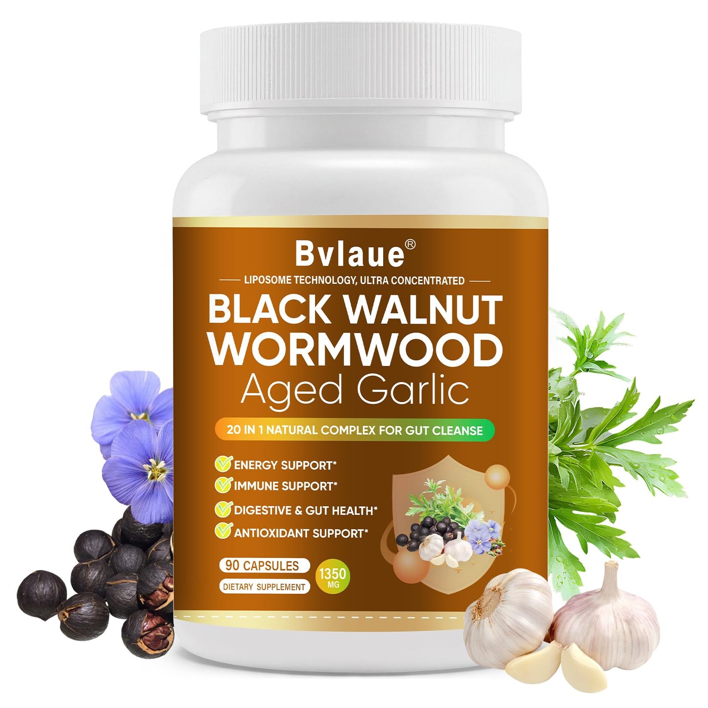 Bvlaue Wormwood Black Walnut Cleanse for Humans Plus+ Gut Cleanse/Detox & Digestive Health with Pumpkin Seed Oil, Old Garlic, Clove 10X Liposomal 98% Absorption Capsules 90 Count