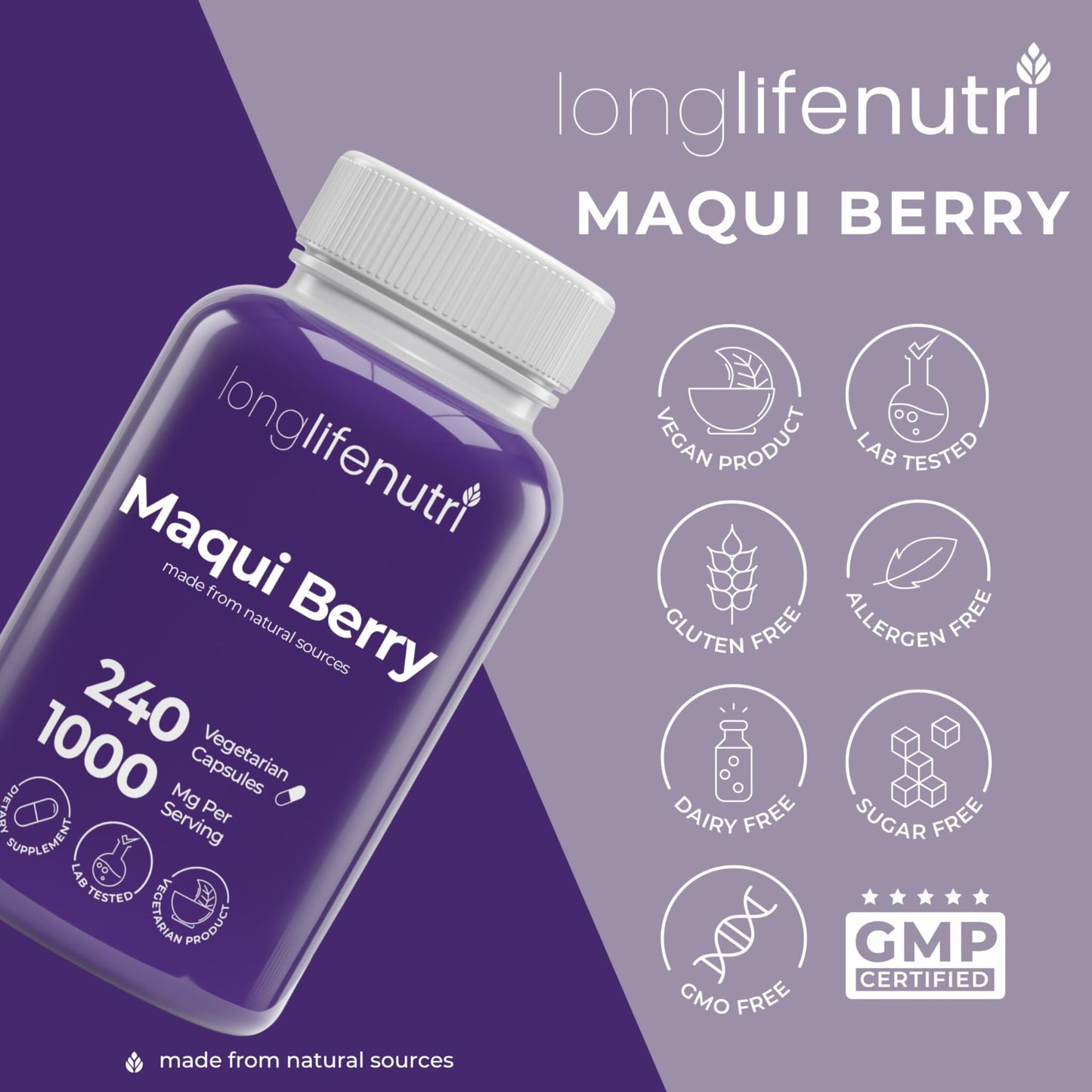 LongLifeNutri Maqui Berry 1000 mg Capsules, 240 Count, Organic Antioxidant Superfruit, Vegan, Non-GMO, GMP-Made in USA
