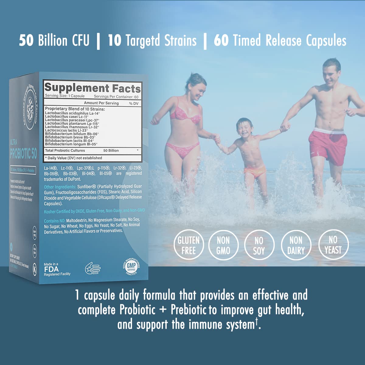 Life & Food Ultra Probiotic 50 Billion CFU with Sunfiber Prebiotics Once Daily Time Release Capsules, 60 Capsules