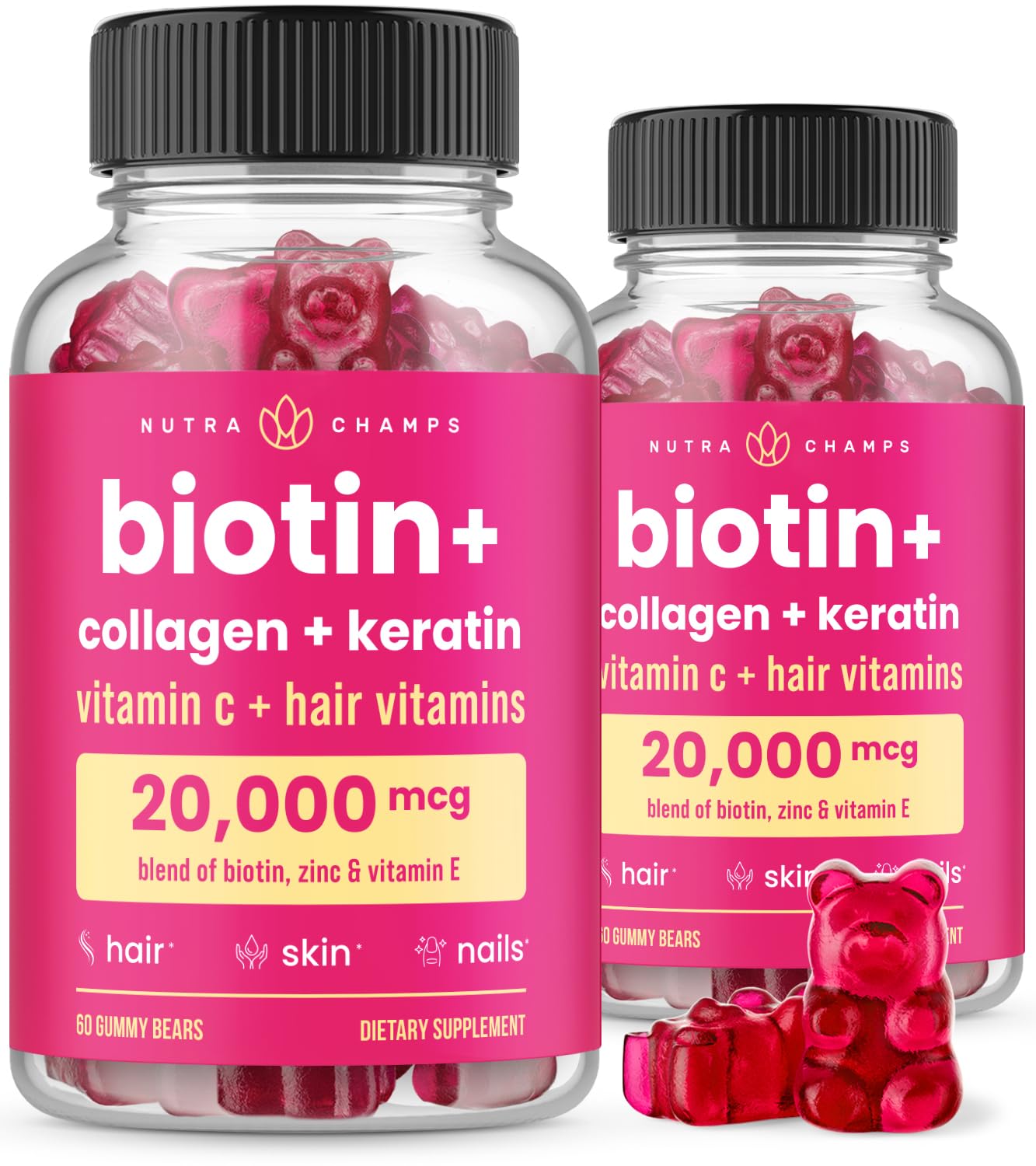 NutraChamps Biotin Gummies 5000mcg with Collagen, Keratin & More – Hair Skin and Nails Vitamins for Women & Men – Support Normal Hair Growth Cycle – 120 Gummies