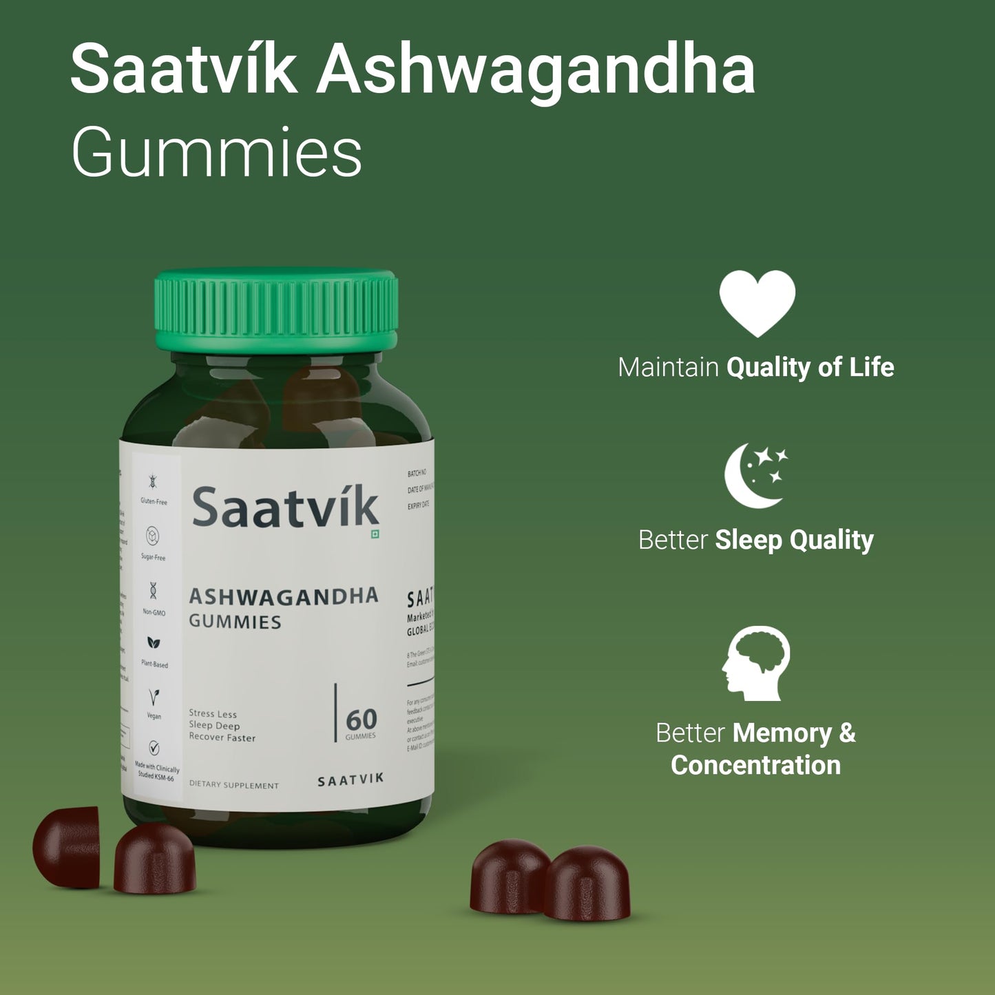 Saatvik Zero Sugar Ashwagandha & Vitamin D Gummy, 60 Count