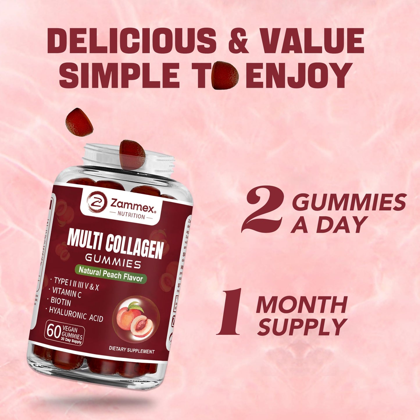 Zammex Multi Collagen Peptides Gummies (Type 1, 2, 3, 5 & 10), 60 Count