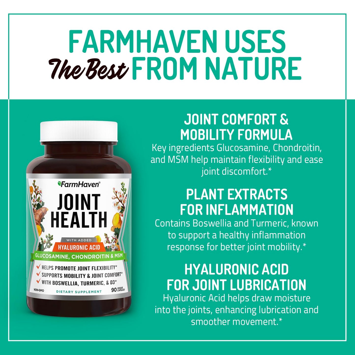 FarmHaven Glucosamine Chondroitin MSM with Boswellia, Turmeric, Added Hyaluronic Acid & Vitamin D3, Joint & Inflammation Support, Non-GMO & Gluten Free, 90 Capsules