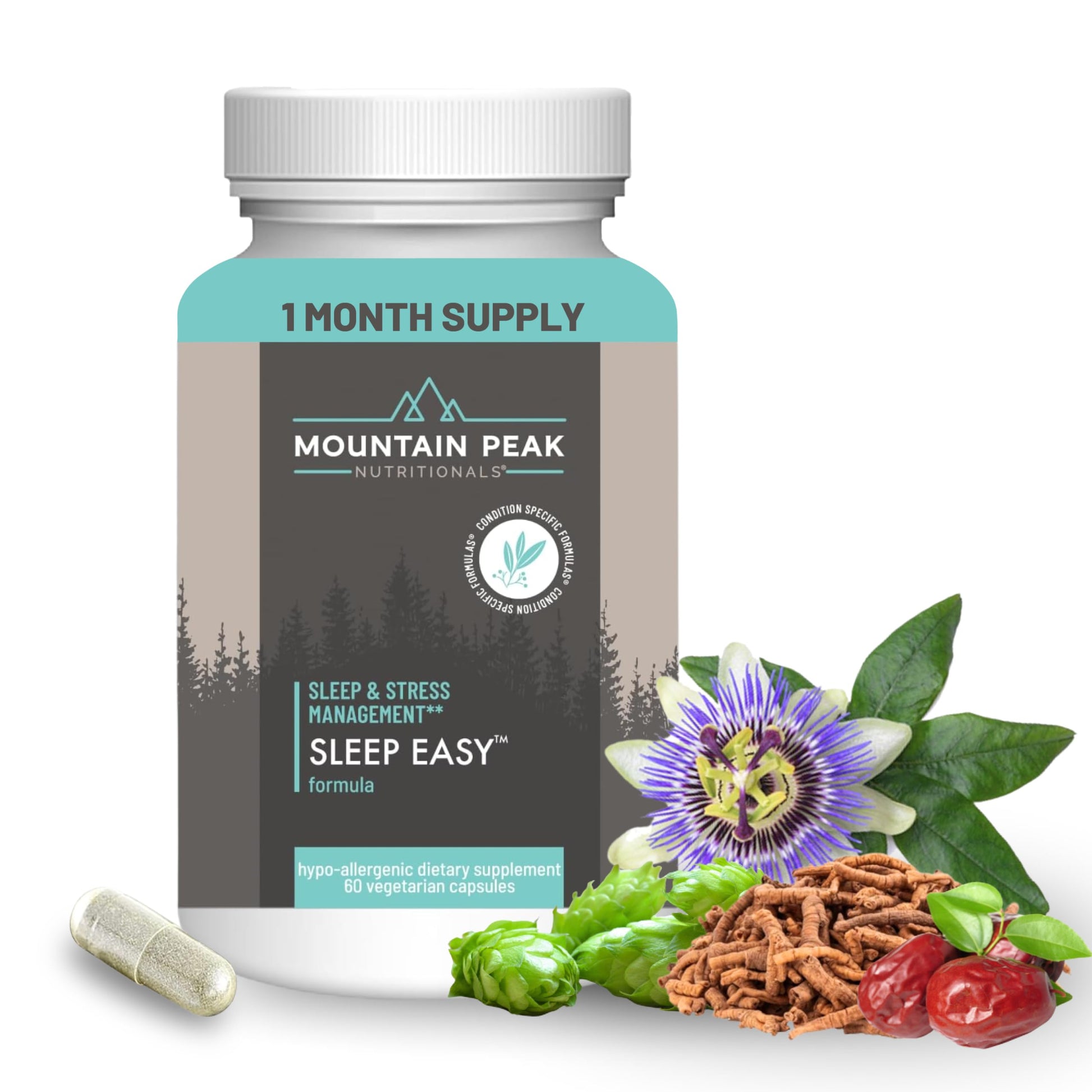 Mountain Peak Nutritionals Sleep Easy Sleep Support Supplement Promoting A Relaxed & Calm Mood - 5-HTP, Amino Acids, Melatonin, & Magnesium - Hypoallergenic Dietary Supplement 60 Capsules