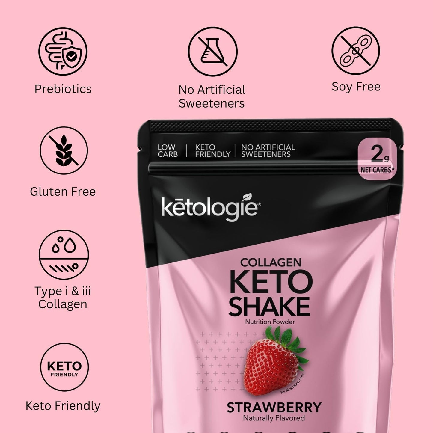 Ketologie Keto Collagen Shake Powder Strawberry 28.5