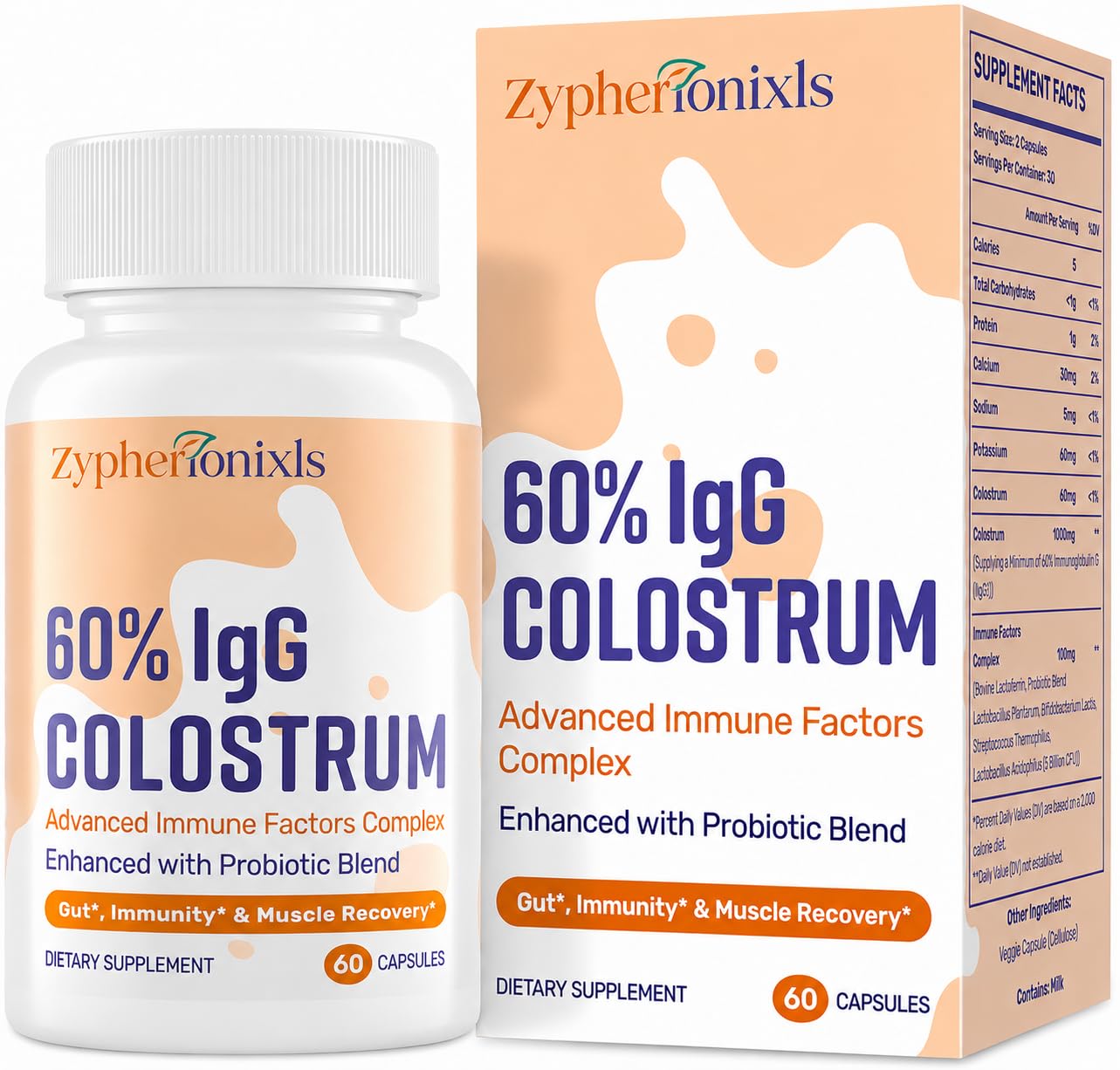 Zypherionixls Bovine Colostrum Supplement 1300mg, 60% IgG with Lactoferrin & 50B CFU Probiotics, Swiss Grass-Fed Colostrum Capsules, 60 Capsules