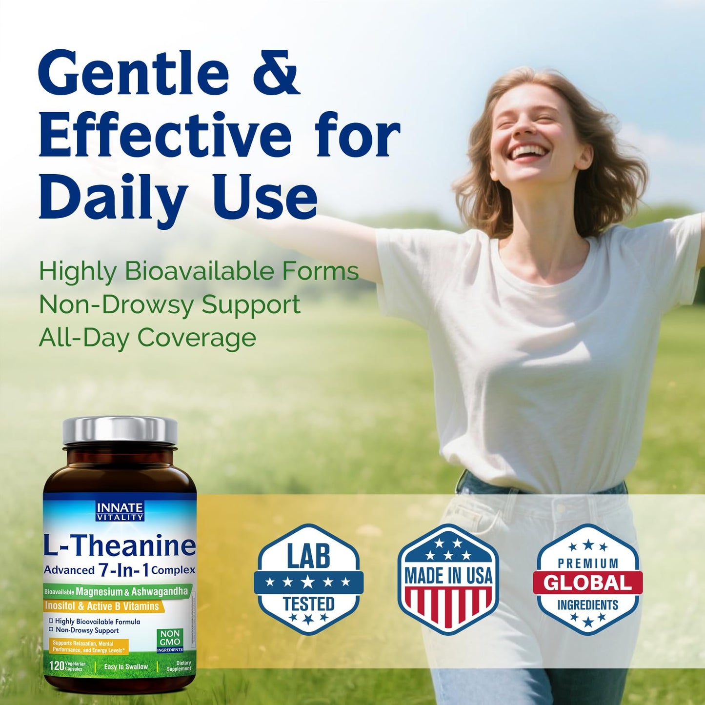 Innate Vitality L-Theanine Supplement 200 mg with Ashwagandha, Magnesium Glycinate, Inositol, Vitamin B6, Non-GMO, Hormone Harmony, Relaxation, Mental Performance and Energy Support, 120 Capsules
