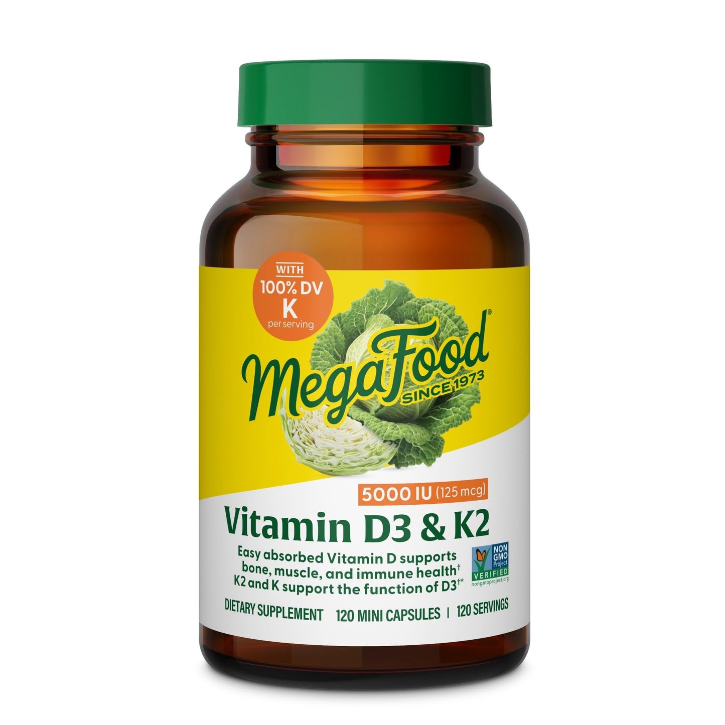 MegaFood Vitamin D3 5000 IU (125 mcg) - Vegetarian Supplements with Vitamin D3 K2 - Supports Bones, Teeth, Muscles & Immune Health Capsules, 120 Count