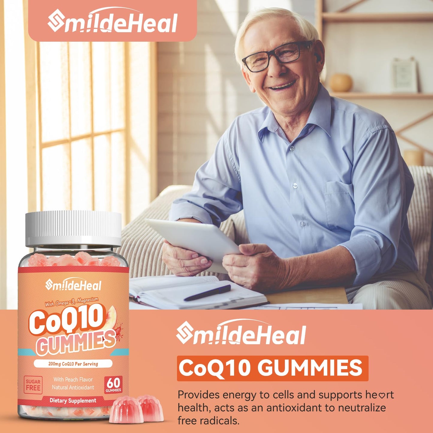 SmildeHeal CoQ10 Gummies 200mg with Omega-3, EPA + DHA & Magnesium, Vegan - 60 Gummies