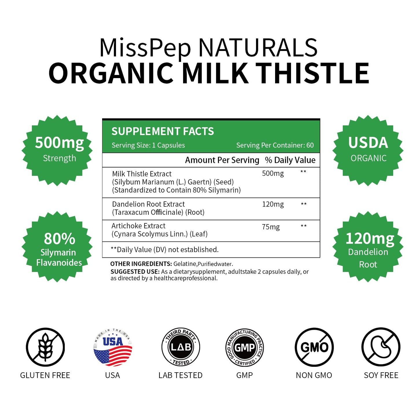 MISS PEP Milk Thistle 500 mg Per Capsule Liver Health Support, Vegan, Non-GMO, 60 Capsules