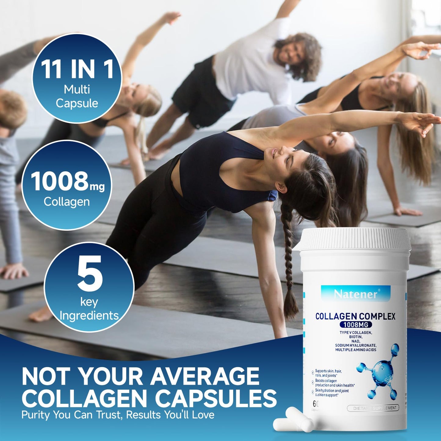 Natener 11 in 1 1008mg Collagen Complex Proprietary Blend with Type V Collagen, Biotin, Hyaluronic Acid, Multi Collagen Capsules, 60 Capsules