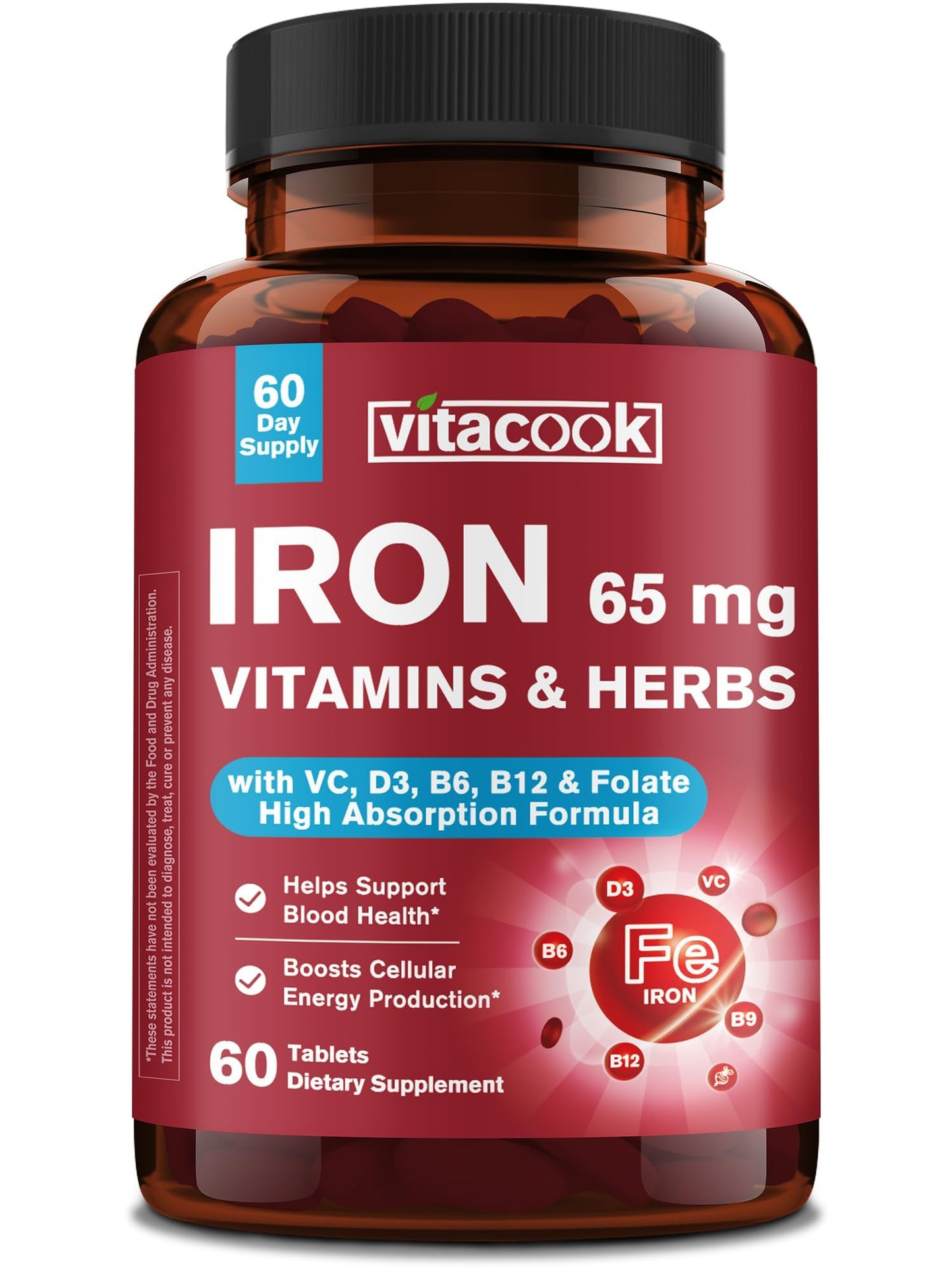 Vitacook Iron Supplement 65mg Blood Building & Energy Support, 60 Tablets