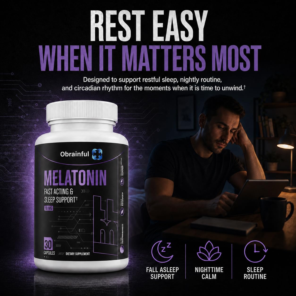 Obrainful Melatonin 10mg Capsules for Sleep Support & Nighttime Wellness, 30 Count