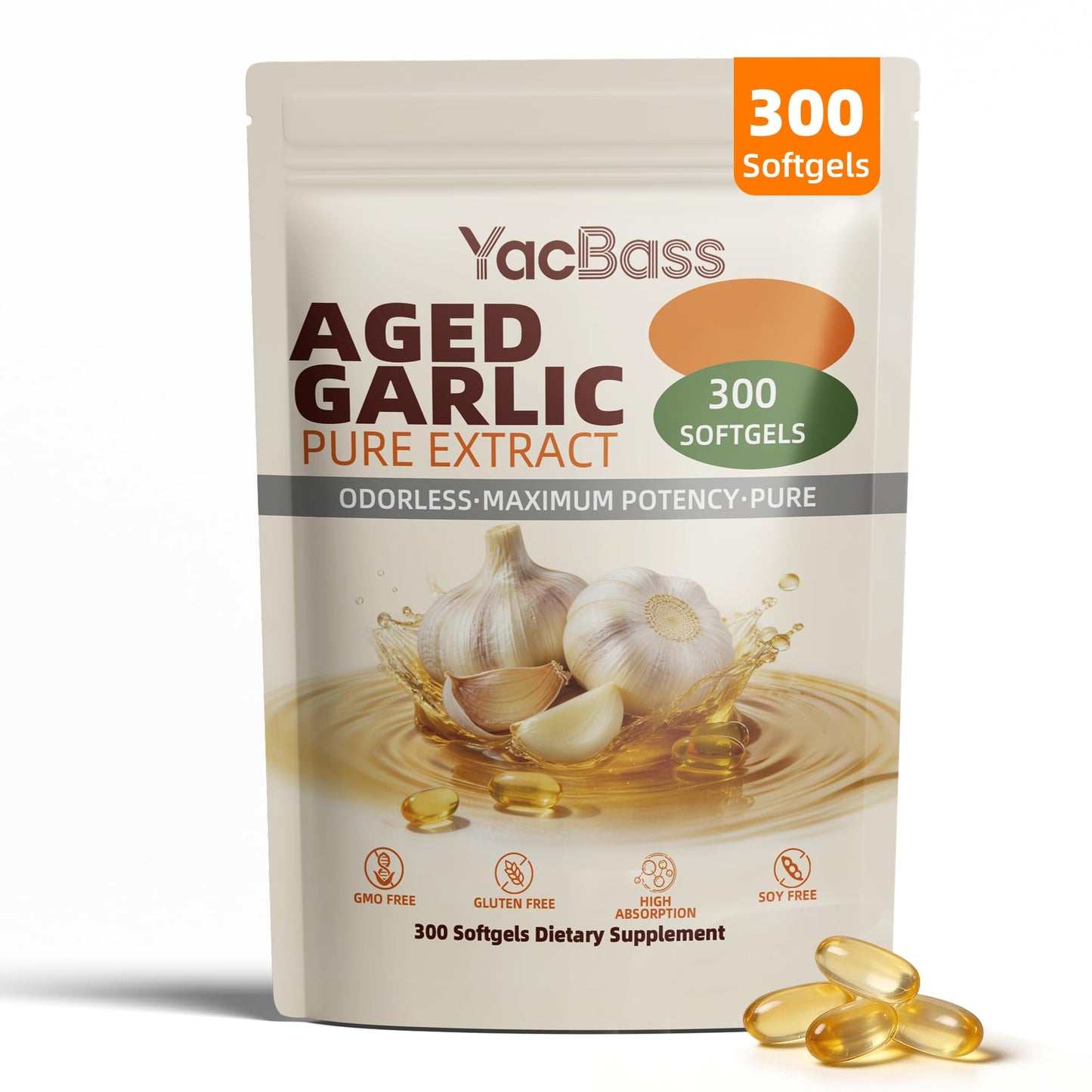 YacBass Aged Garlic Extract Odorless Softgels, 300 Count