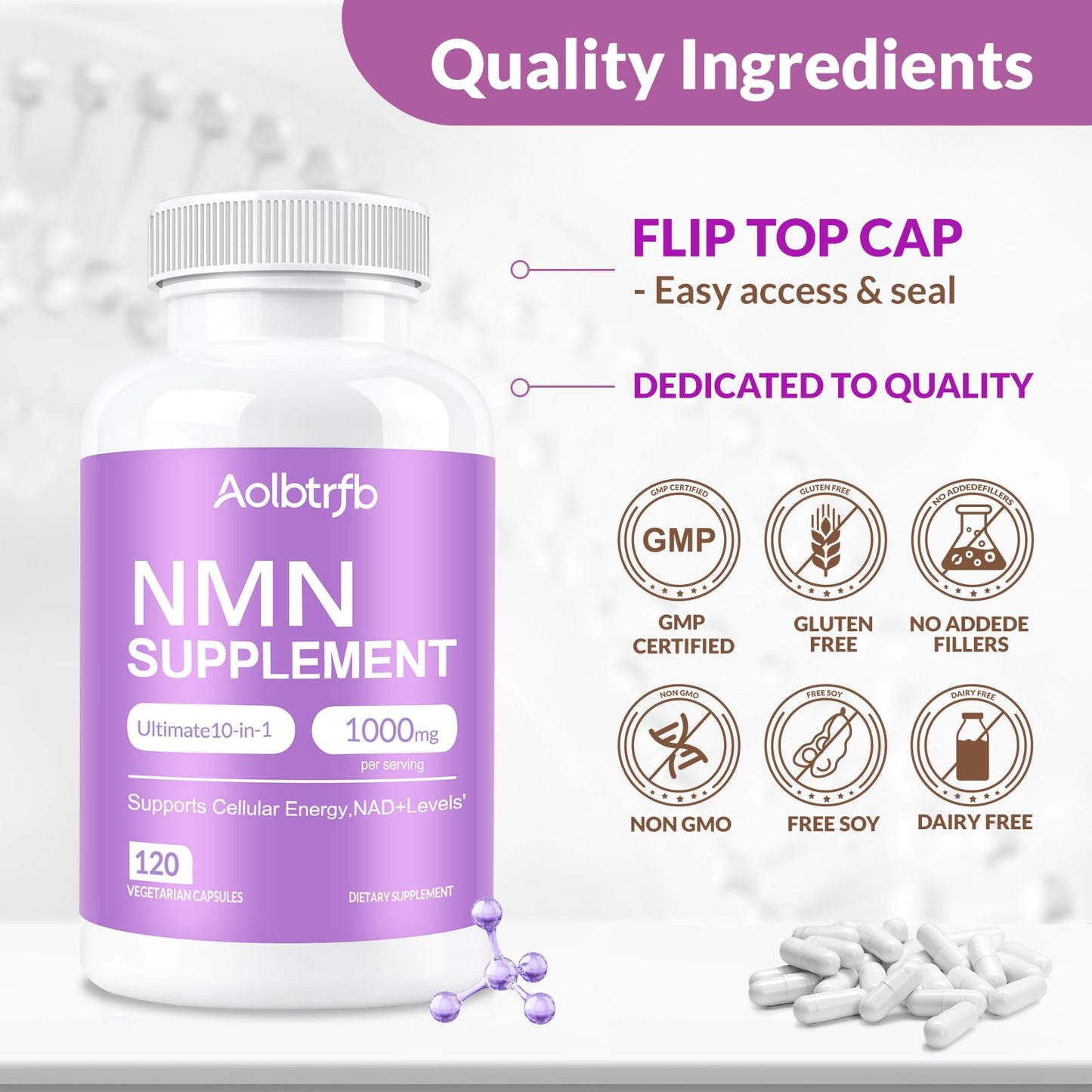 Aolbtrfb NMN Supplement 10-in-1 with Nicotinamide Mononucleotide, Resveratrol, TMG & Quercetin & Glutathione Softgel 120