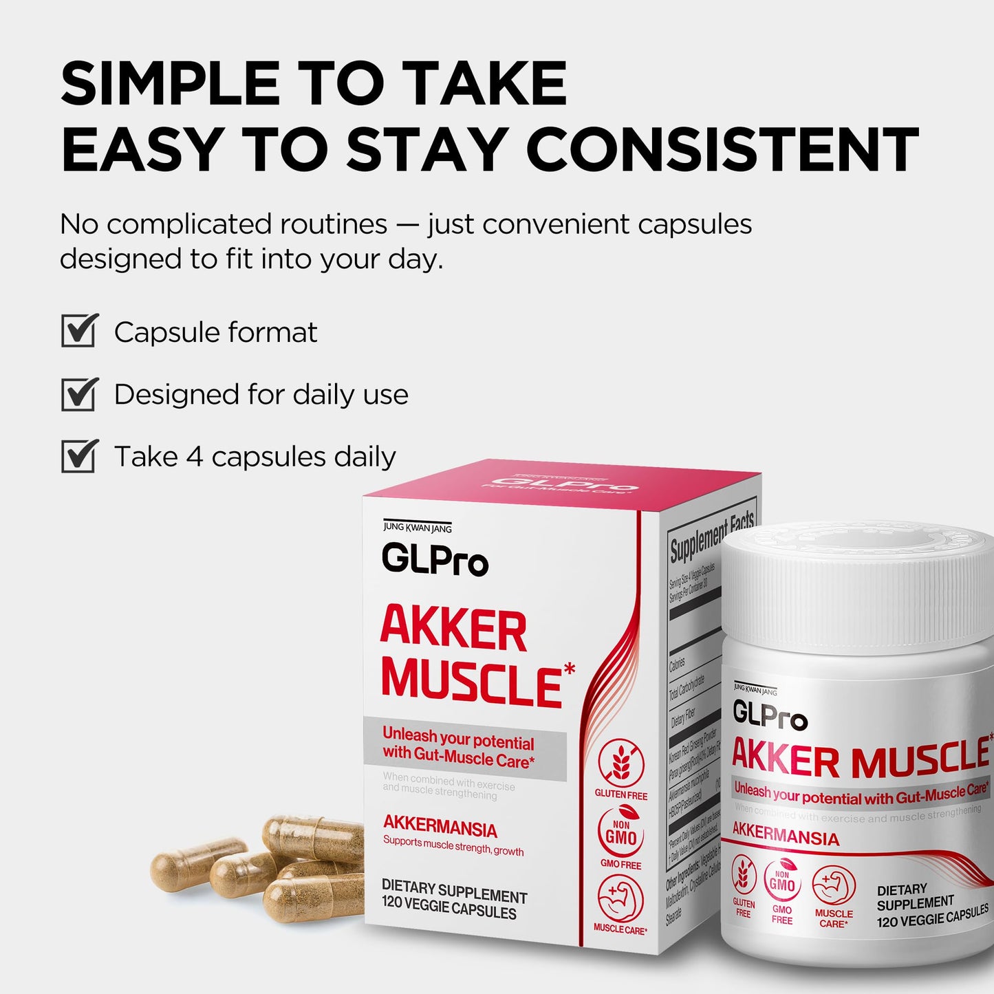 JUNG KWAN JANG GLPro-Akker Muscle Prebiotics with 10 Billion Cells Akkermansia & Korean Red Ginseng Powder for Gut-Muscle Strength & Microbiome Balance, 120 Capsules