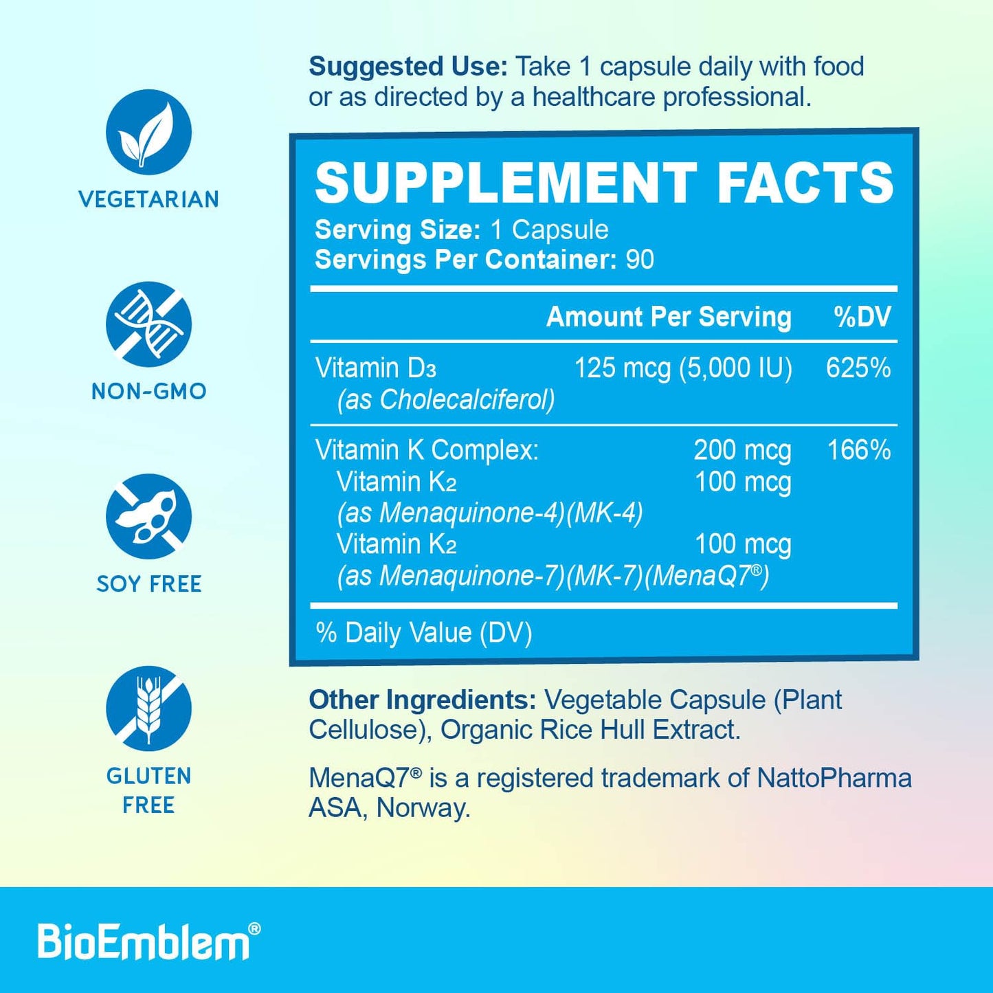 BioEmblem Vitamin D3 K2 Capsules (5000IU and 200mcg) and NAD+ Supplement, 135 Capsules