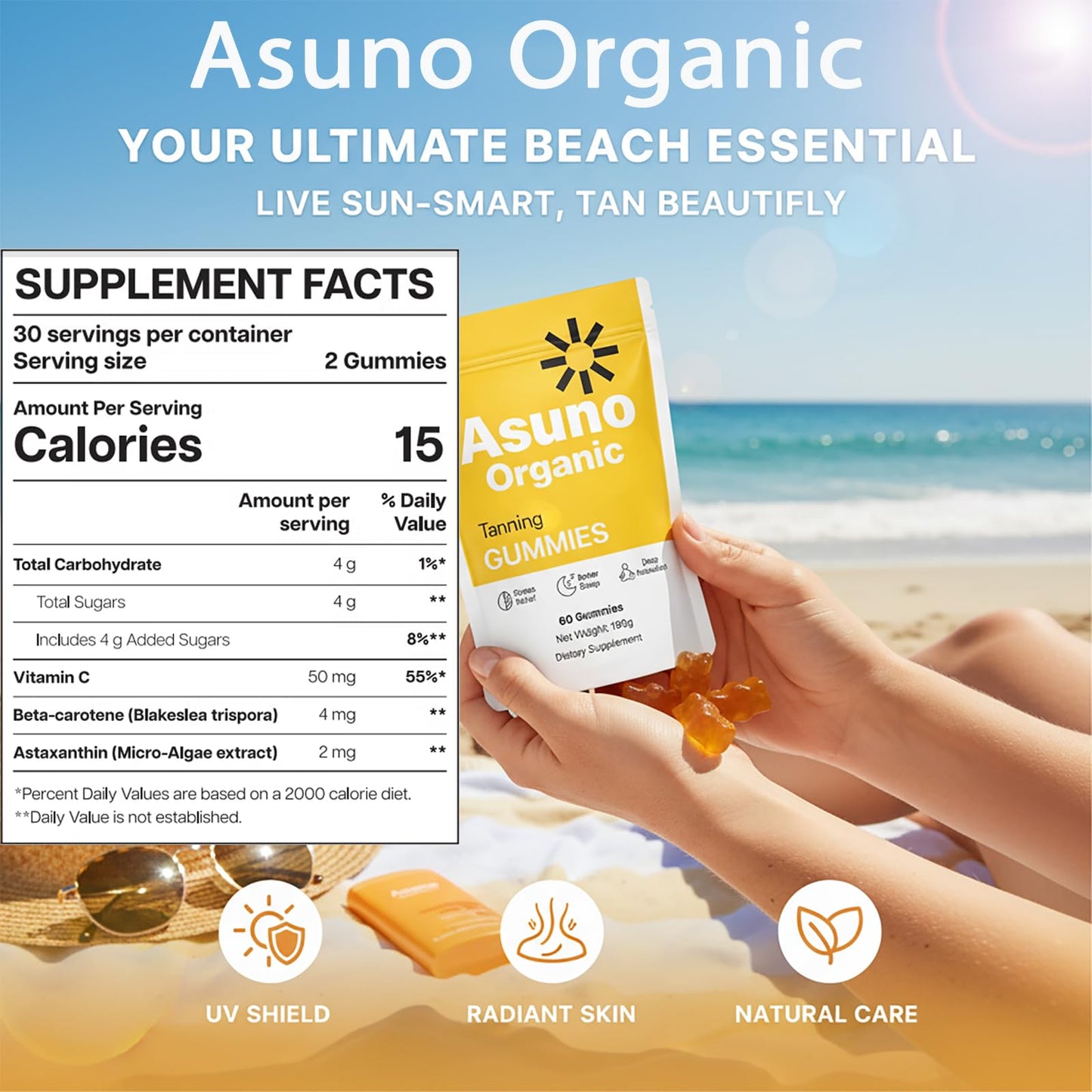 Asuno Organic Tanning Gummies with Astaxanthin, Beta Carotene, Vitamin C for Women and Men, 60 Gummies