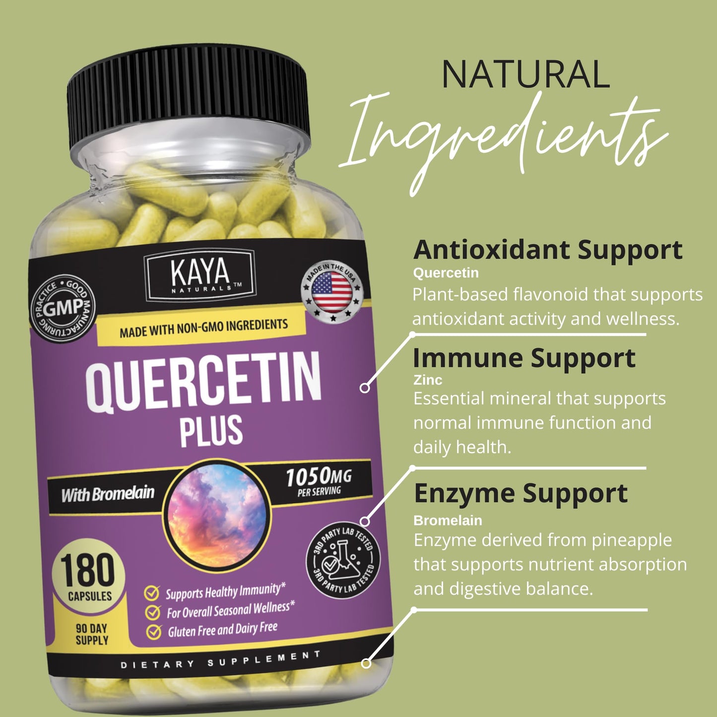 Kaya Naturals Quercetin Plus with Bromelain 1050mg Capsules 180 Count