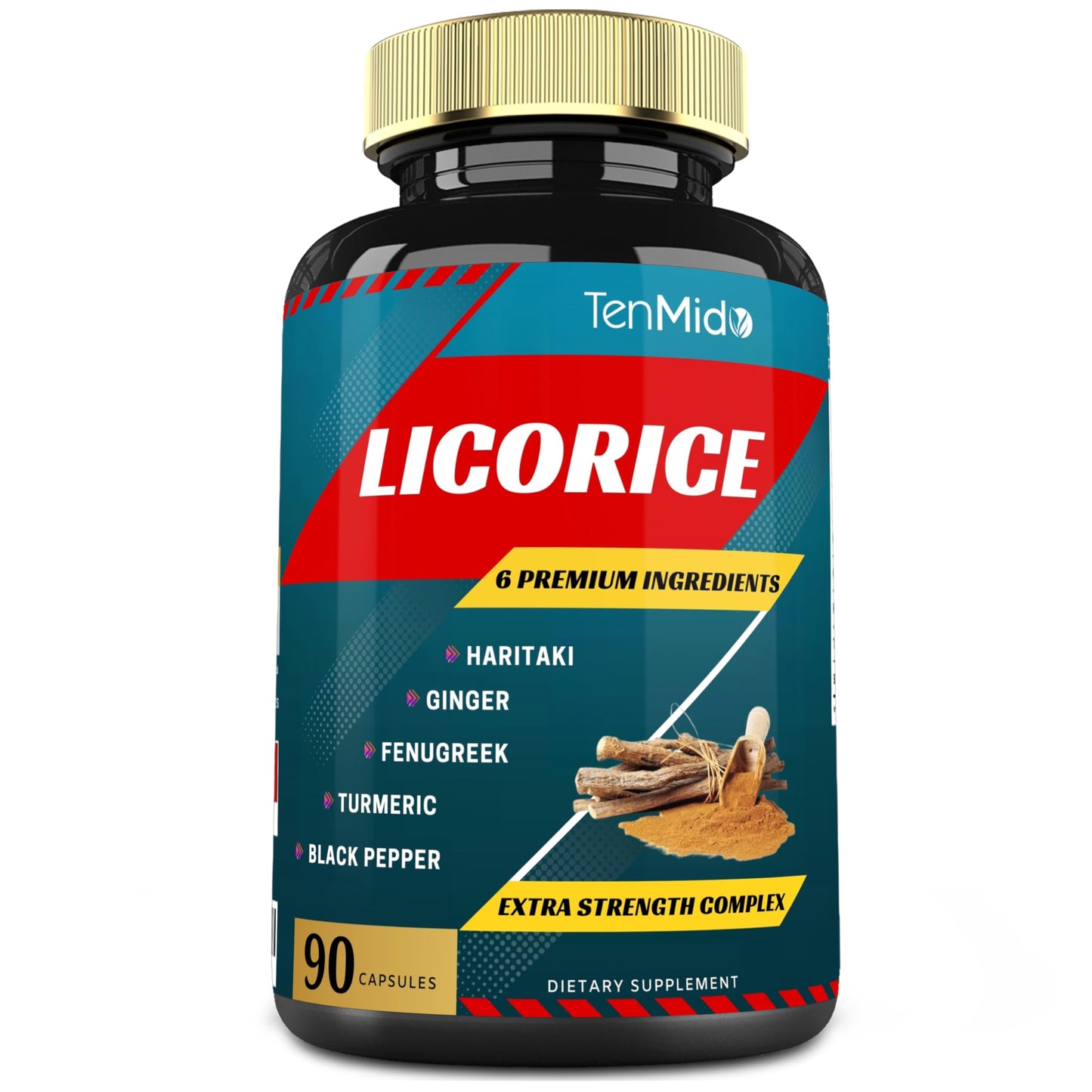 Tenmido Licorice Extract Capsules with Turmeric, Ginger, Fenugreek, Haritaki, Black Pepper - Digestion Support - 90 Count