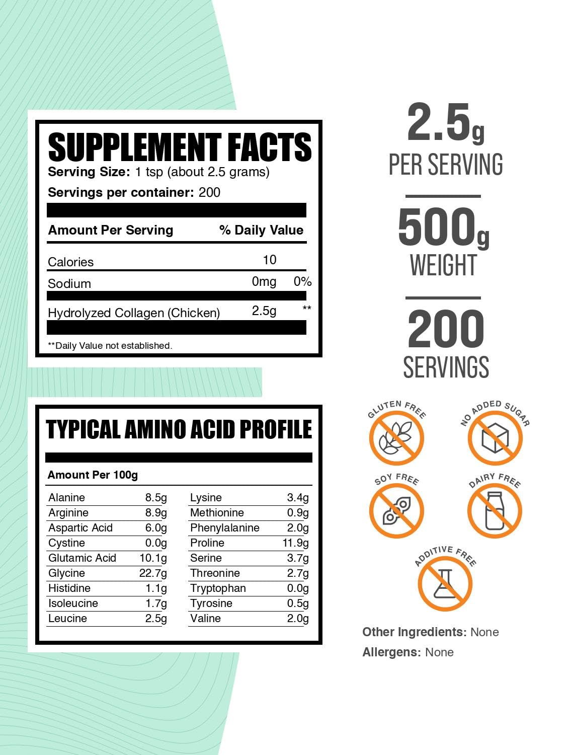 BulkSupplements Chicken Collagen Powder Hydrolyzed Collagen Supplement for Hair, Skin & Nails Unflavored Gluten Free, 17.64 oz