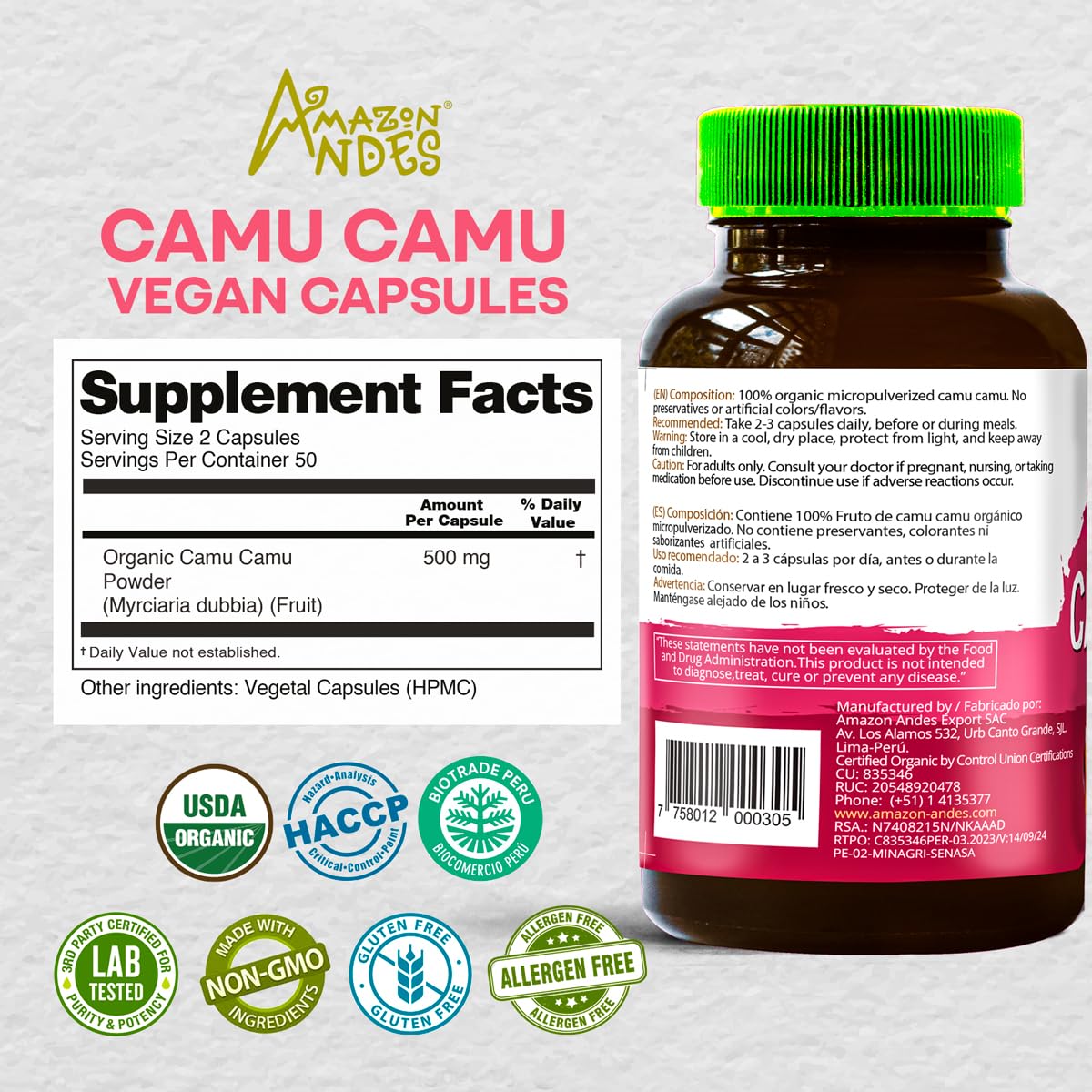 AMAZON ANDES HEALTHY · SUSTAINABLE · FAIR Camu Camu 500mg Capsules, 100 Count