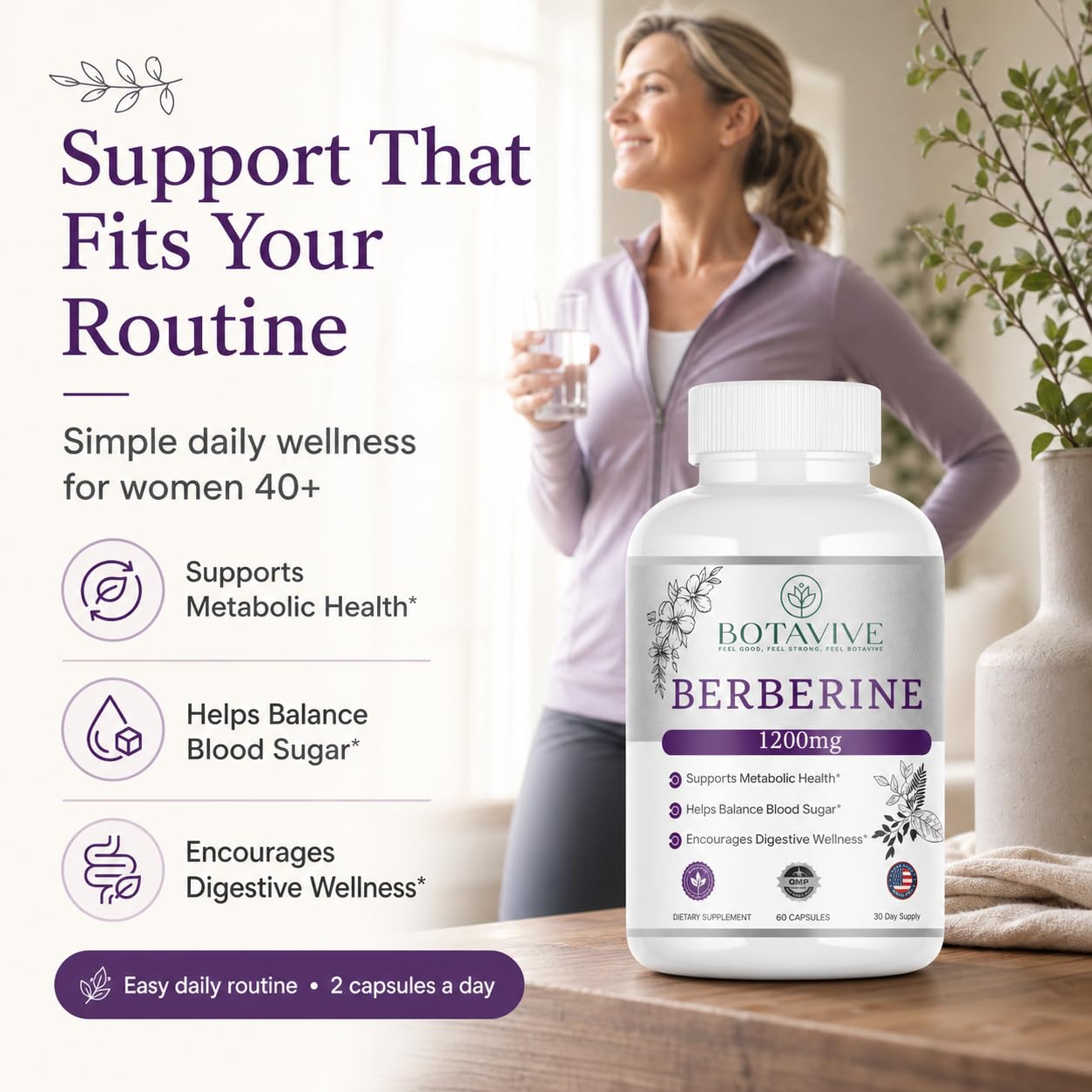 Botavive Berberine HCl 1200mg AMPK Metabolic Activator for Women Blood Sugar and Gut Health Support Perimenopause Supplement Non-GMO Gluten-Free Vegetarian 60 Capsules