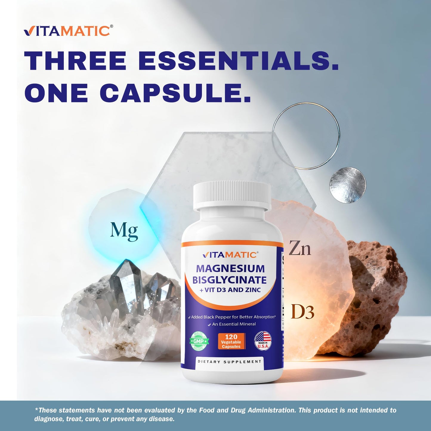 Vitamatic Magnesium (Bisglycinate & Oxide) with Vitamin D3 & Zinc Capsules, 120 Count