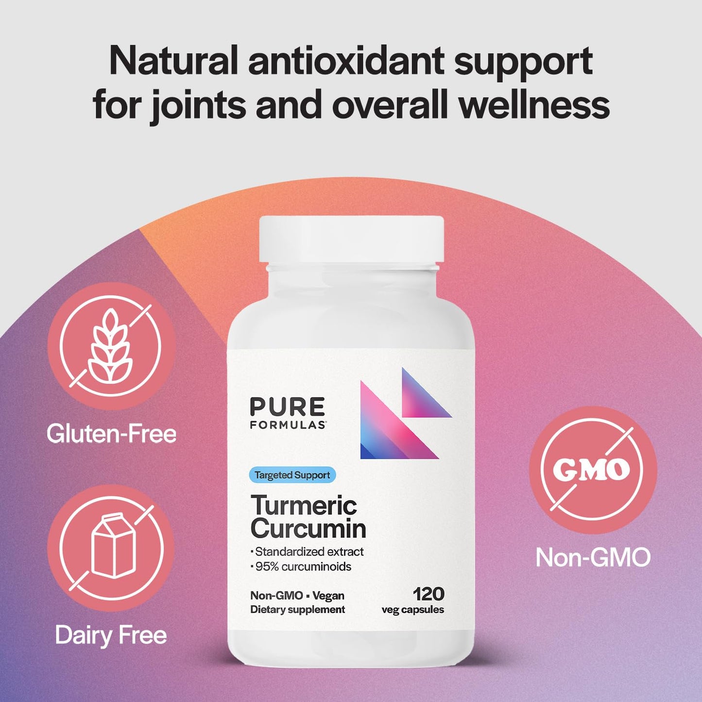 PureFormulas Turmeric Curcumin Supplement for Flexibility, Natural Antioxidant Support, 95% Curcuminoids, Vegan, Gluten-Free, Dairy-Free, Non-GMO, Capsule, 120 Count
