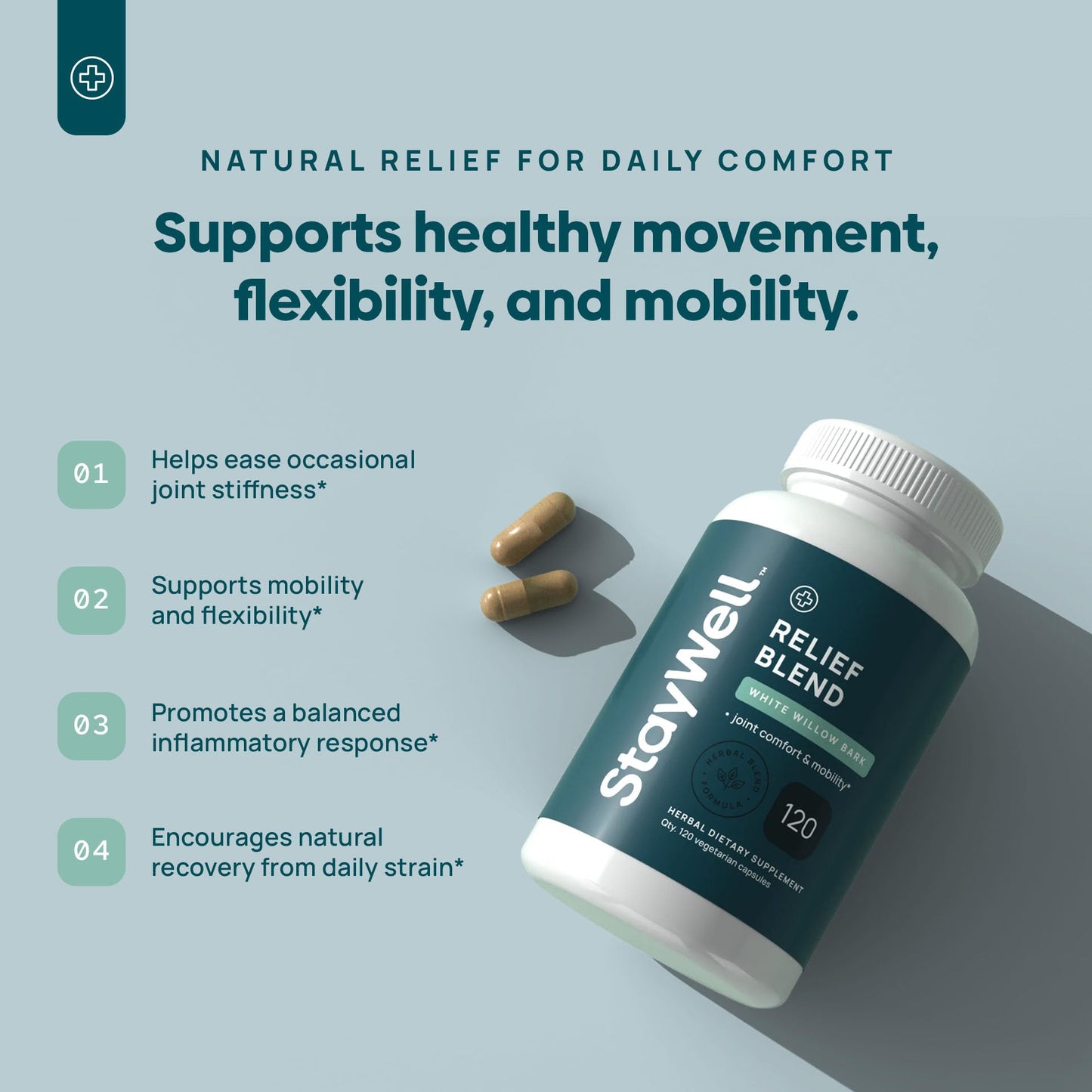 Stay-Well Naturals Pain Relief White Willow Bark Extract, Devil's Claw, Turmeric, Boswellia, Bromelain and Ginger Premium Extract Blend Capsules 120