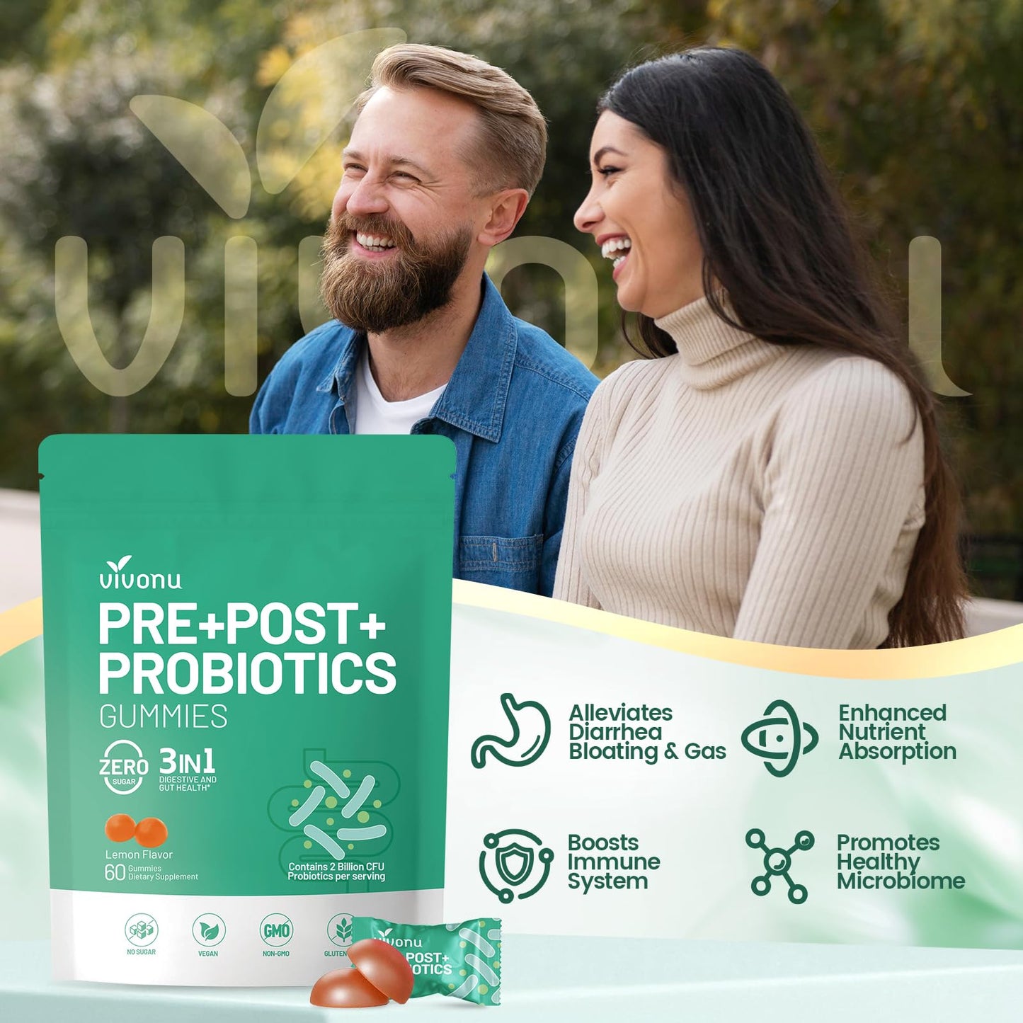 VivoNu Probiotics for Digestive Health Gummies, 2 Billion CFU Probiotic with Zinc, Magnesium and Vitamin D3, Non-GMO, 60 Gummies