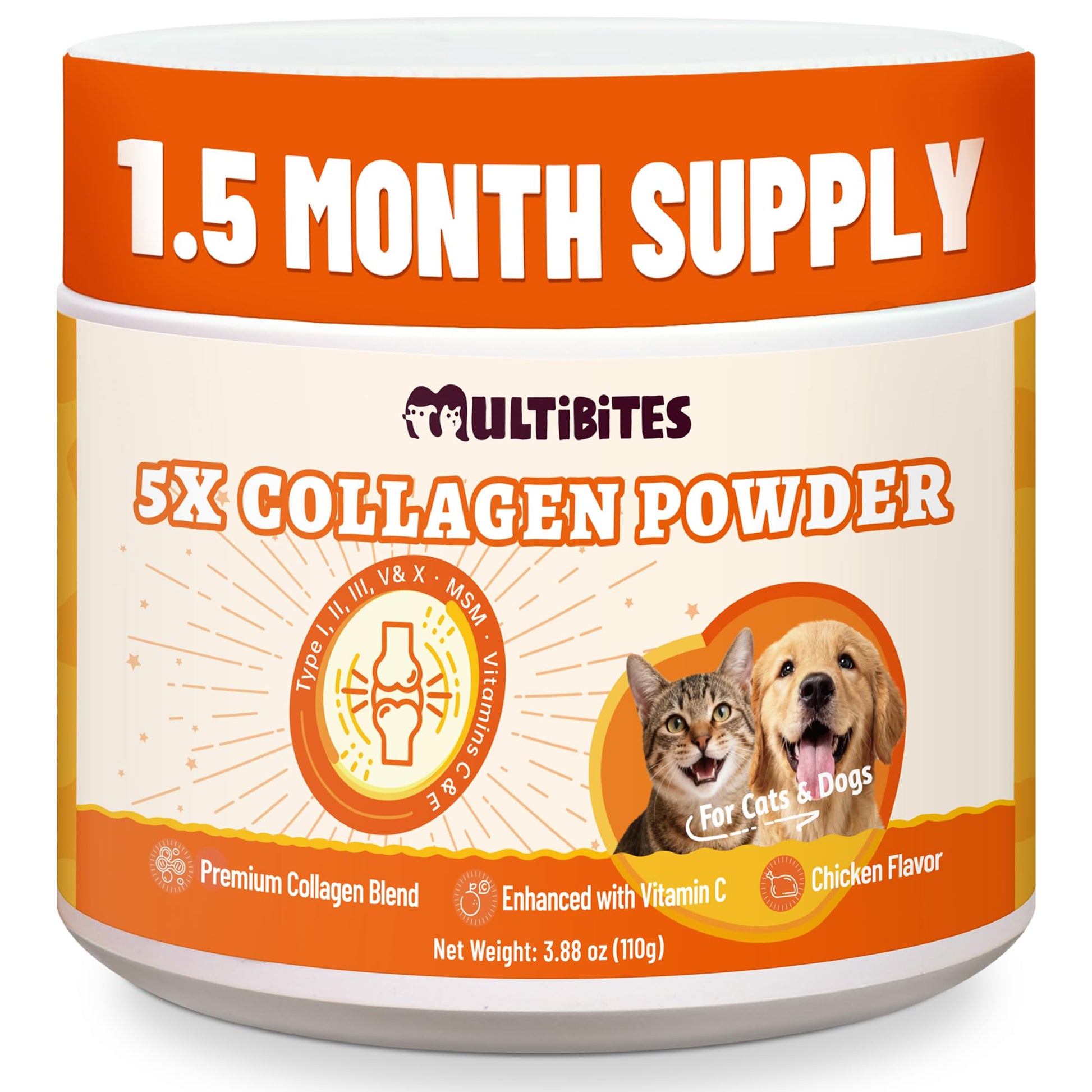 MULTIBITES 5X Collagen Powder for Dogs & Cats – Hip & Joint Supplement with MSM, Hyaluronic Acid & Marine Collagen, Chicken Flavor Food Topper, 110 Servings