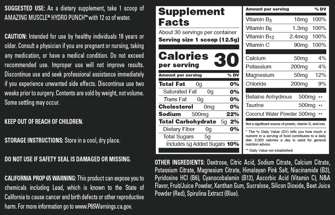 Amazing Muscle Hydro Punch Powder Hydration + Electrolyte Blend Contains Vitamin B, C, Betaine Anhydrous & More, 13
