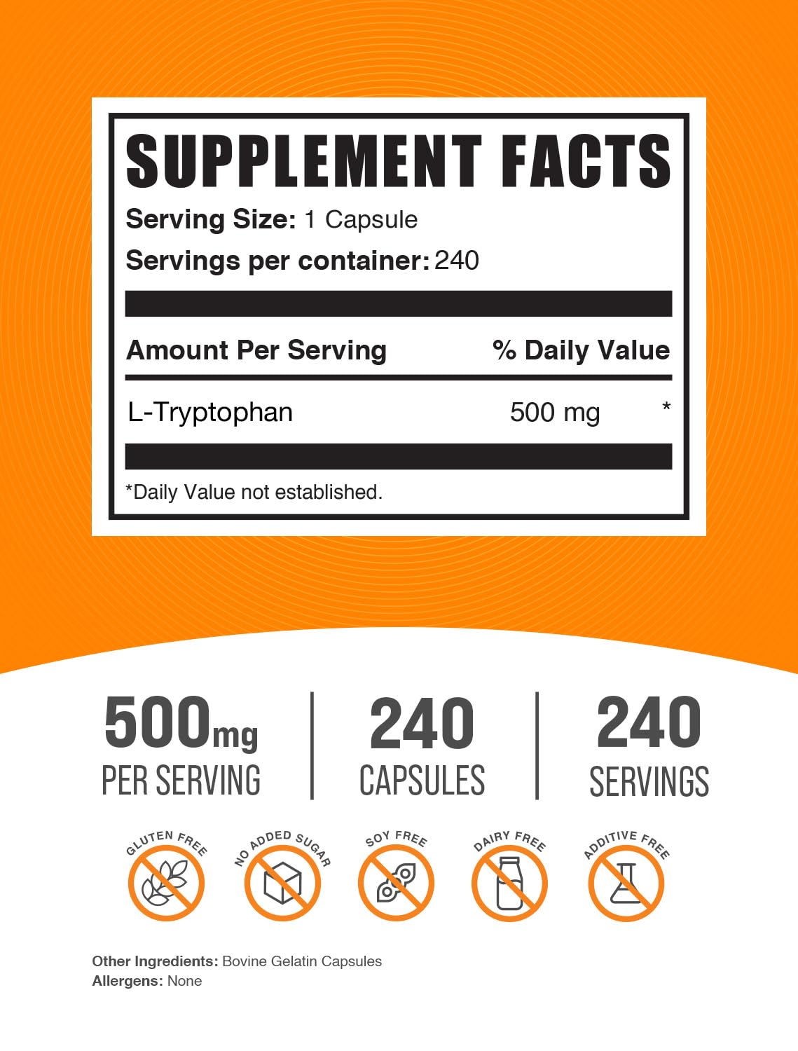 BulkSupplements L-Tryptophan Capsules, 240 Capsules