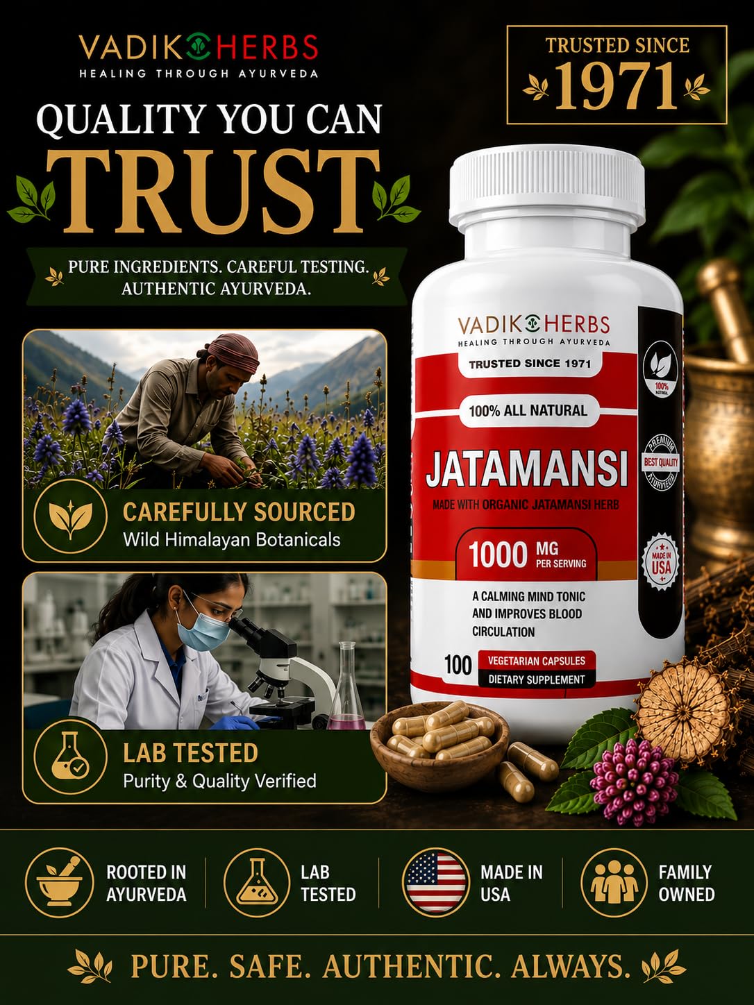 Vadik Herbs Jatamansi 1000mg Capsules, 100 Capsules