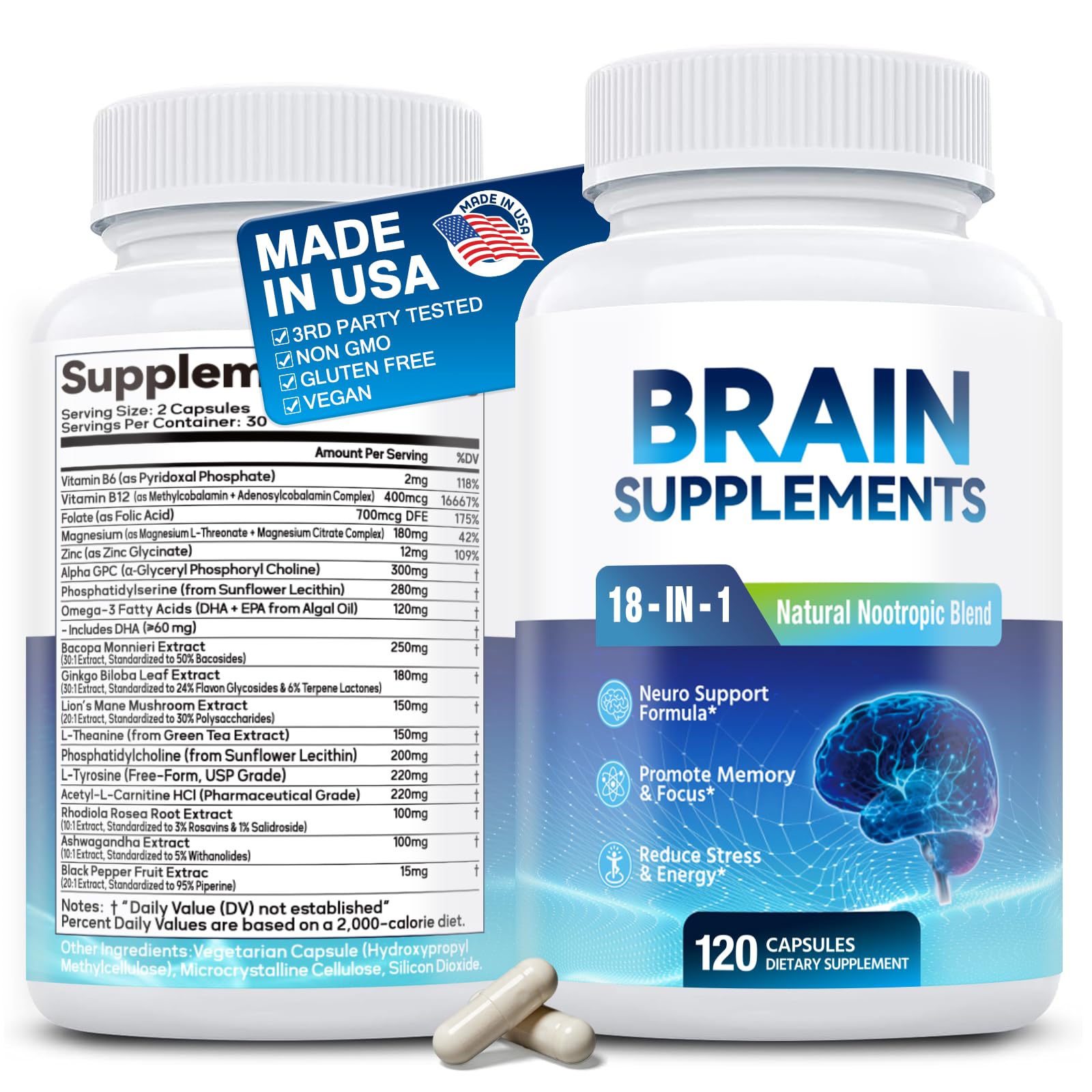 Fenolutra 18-in-1 Brain Supplement for Memory and Focus, 120 Capsules