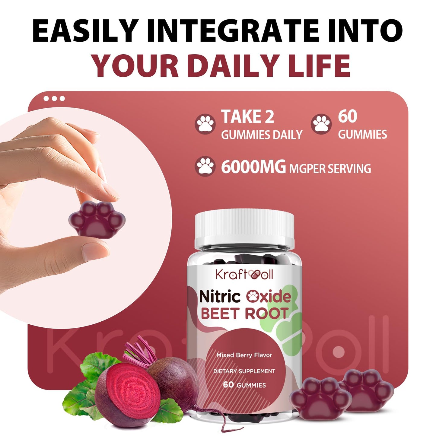 Kraftvoll Beet Root Gummies 6000mg Nitric Oxide Booster with Grape Seed, Pomegranate, Vitamins C & B12, Mixed Berry Flavor, 60 Gummies