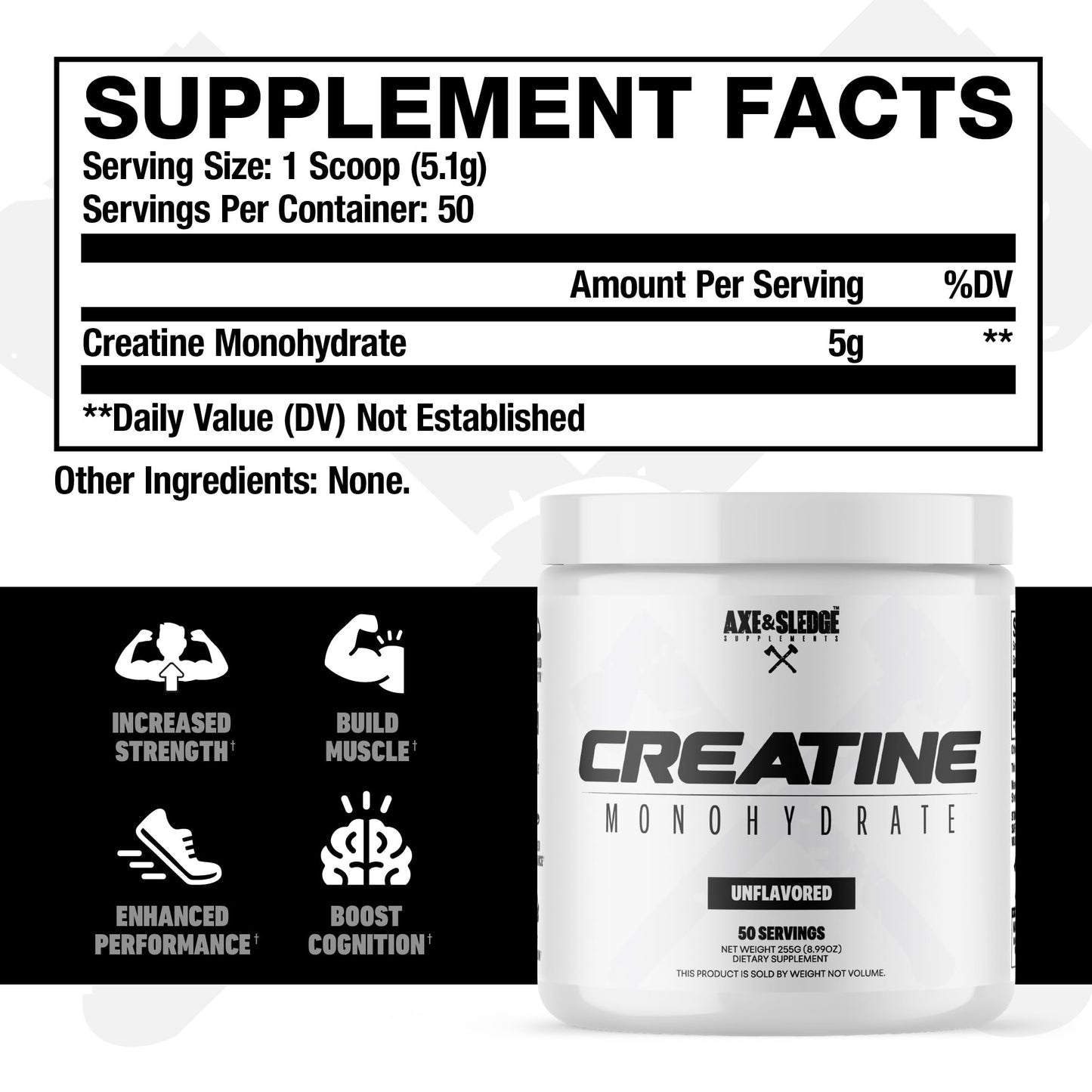 Axe & Sledge Creatine Monohydrate Powder, 50 Servings