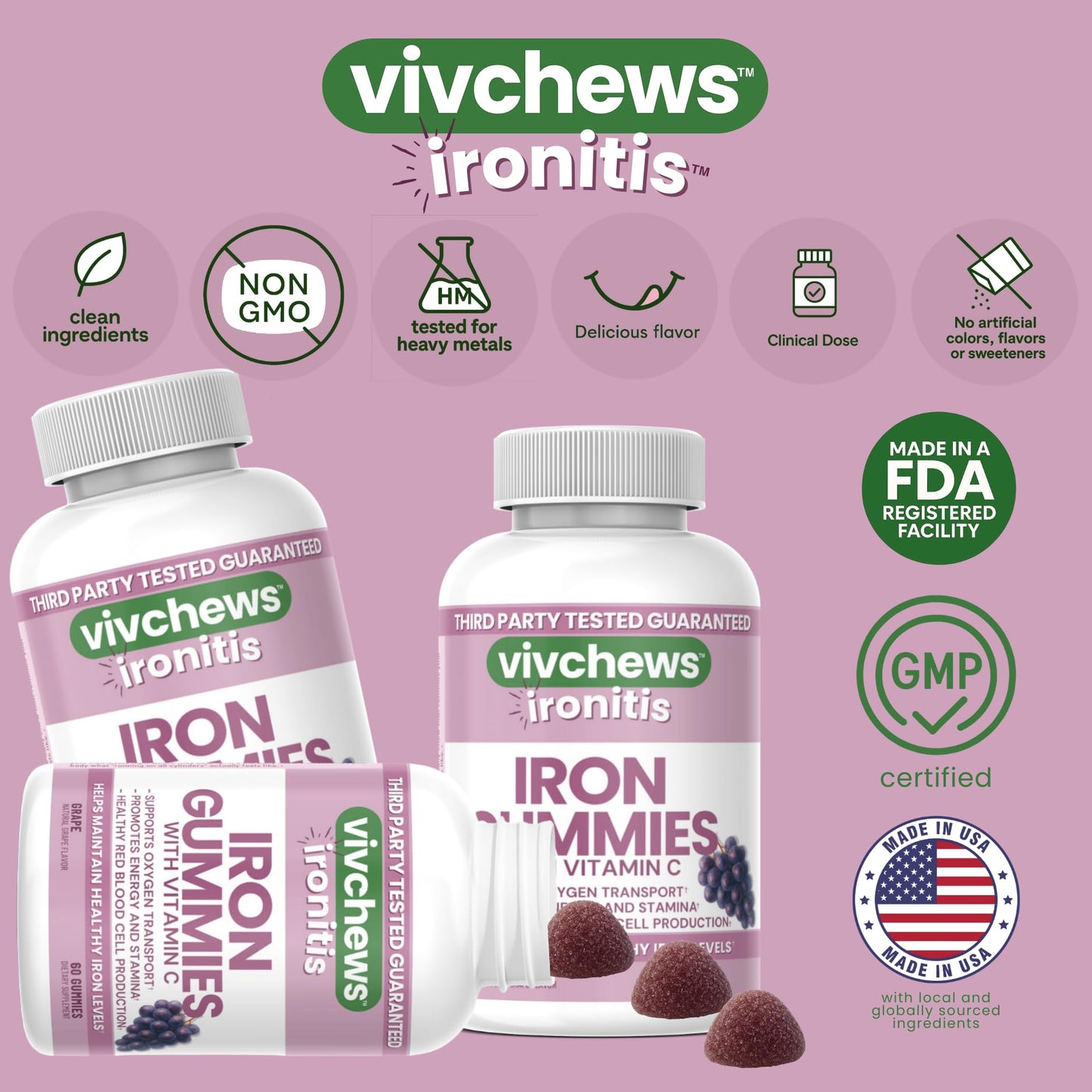 Vivchews Iron Gummies with Vitamin C 20 mg Iron (Ferrous Fumarate), 60 Count