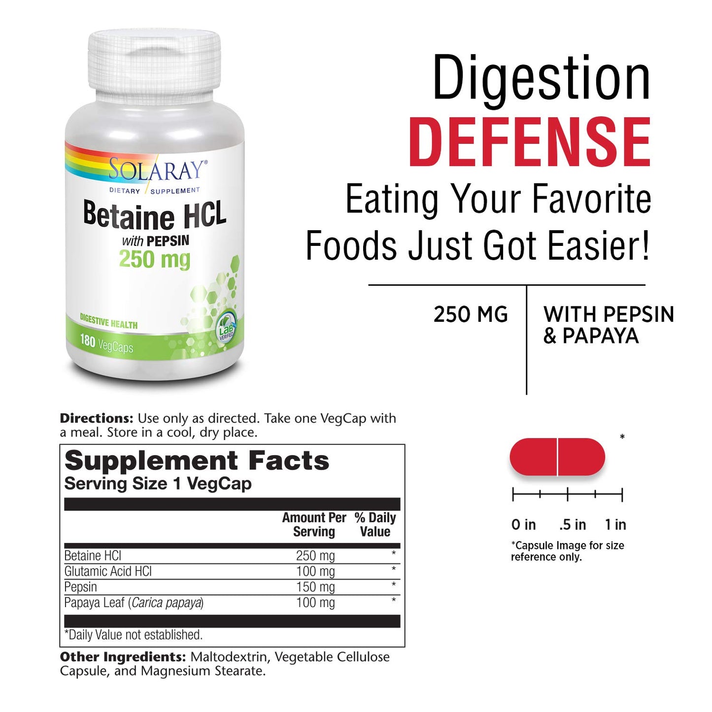 Solaray Betaine HCl with Pepsin 250 mg Capsules, 180 Count