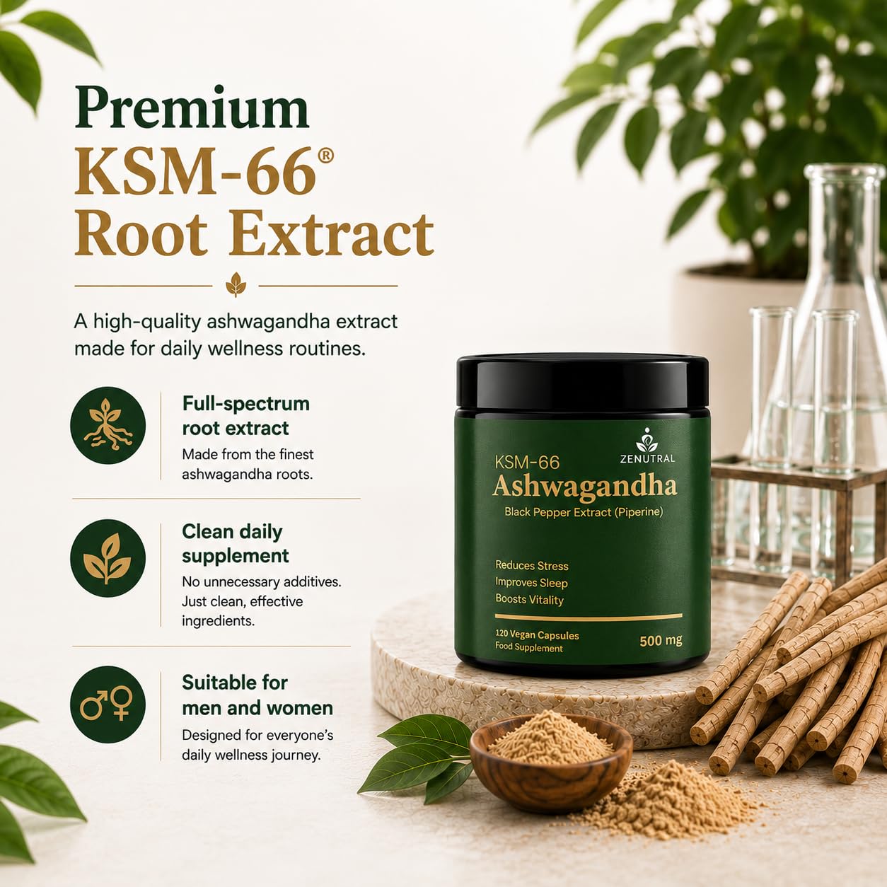Zenutral KSM-66 Ashwagandha 500mg with Black Pepper (Piperine) – Stress, Sleep & Cortisol Support – Calm Energy, Focus & Mood – Non-GMO Vegan, 120 Capsules